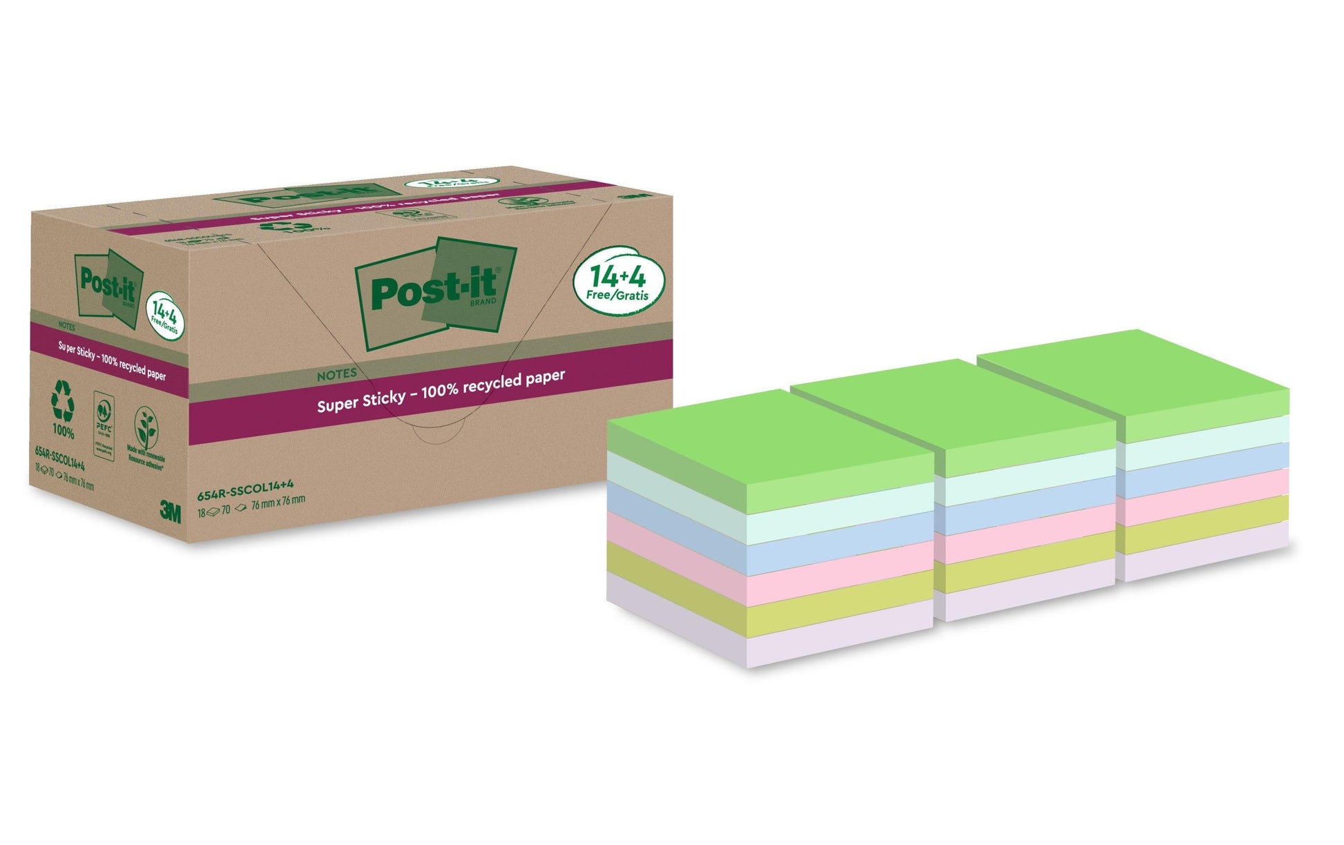Post-it Haftnotizen – 76×76 mm – sortiert, 18×70 Blatt, Recyclingpapier