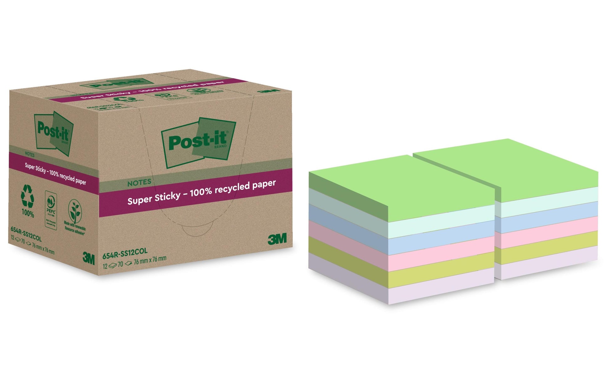 Post-it Haftnotizen Super Sticky – 76×76 mm – sortiert, 12×70 Blatt, PEFC
