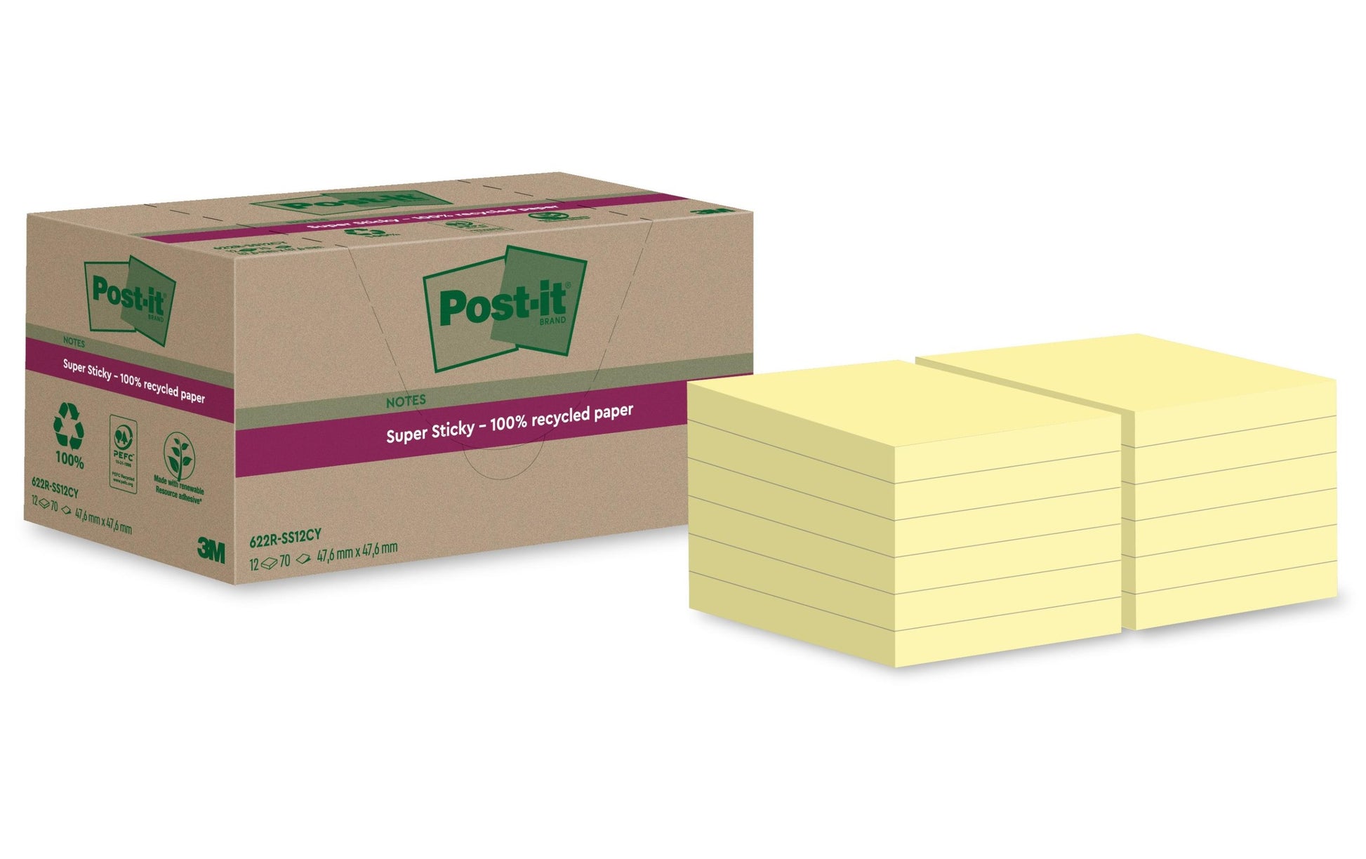 Post-it Haftnotizen Super Sticky – 47,6×47,6 mm – Gelb, 12×70 Blatt, PEFC