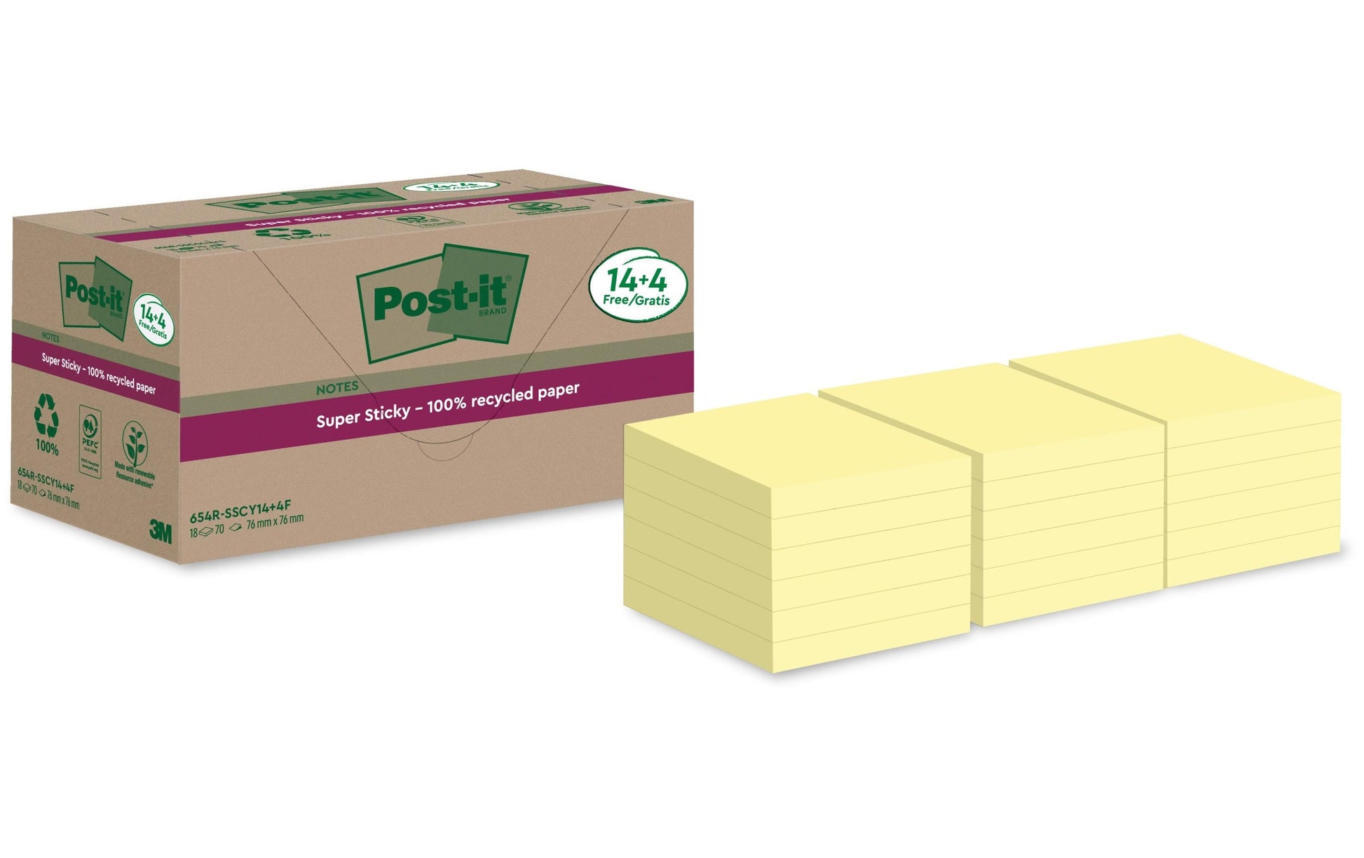 Post-it Haftnotizen Super Sticky Recycling – 76×76 mm – gelb, 18×70 Blatt, PEFC
