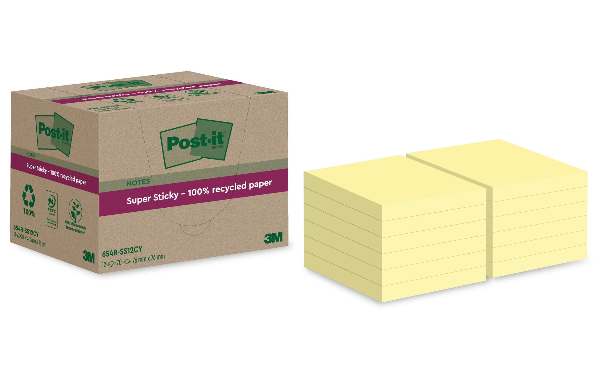 Post-it Haftnotizen Super Sticky – 76×76 mm – Gelb, 12×70 Blatt, PEFC