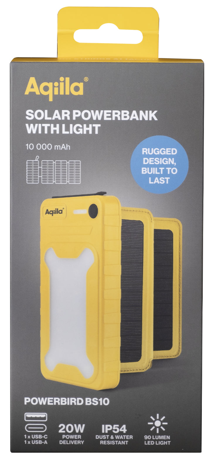 Aqiila Powerbird BS10 Solar Powerbank 10'000 mAh – 20 W PD, 1× USB-C, 1× USB-A, gelb