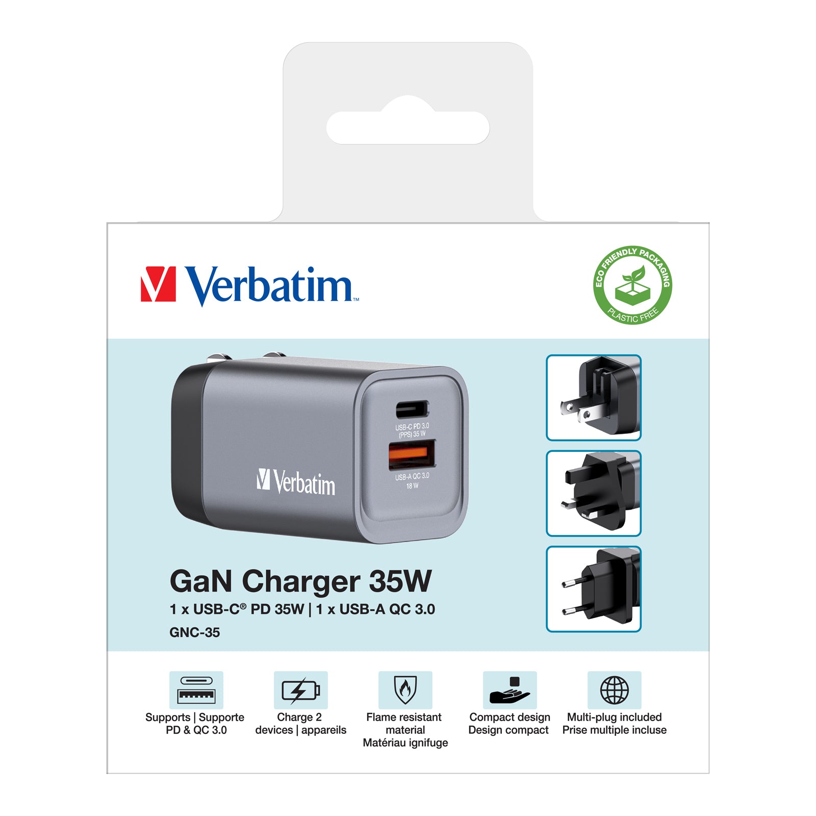 Verbatim GNC-35 USB-Ladegerät 35 W – USB-C×1, USB-A×1 – PD, PPS, QC 3.0, GaN