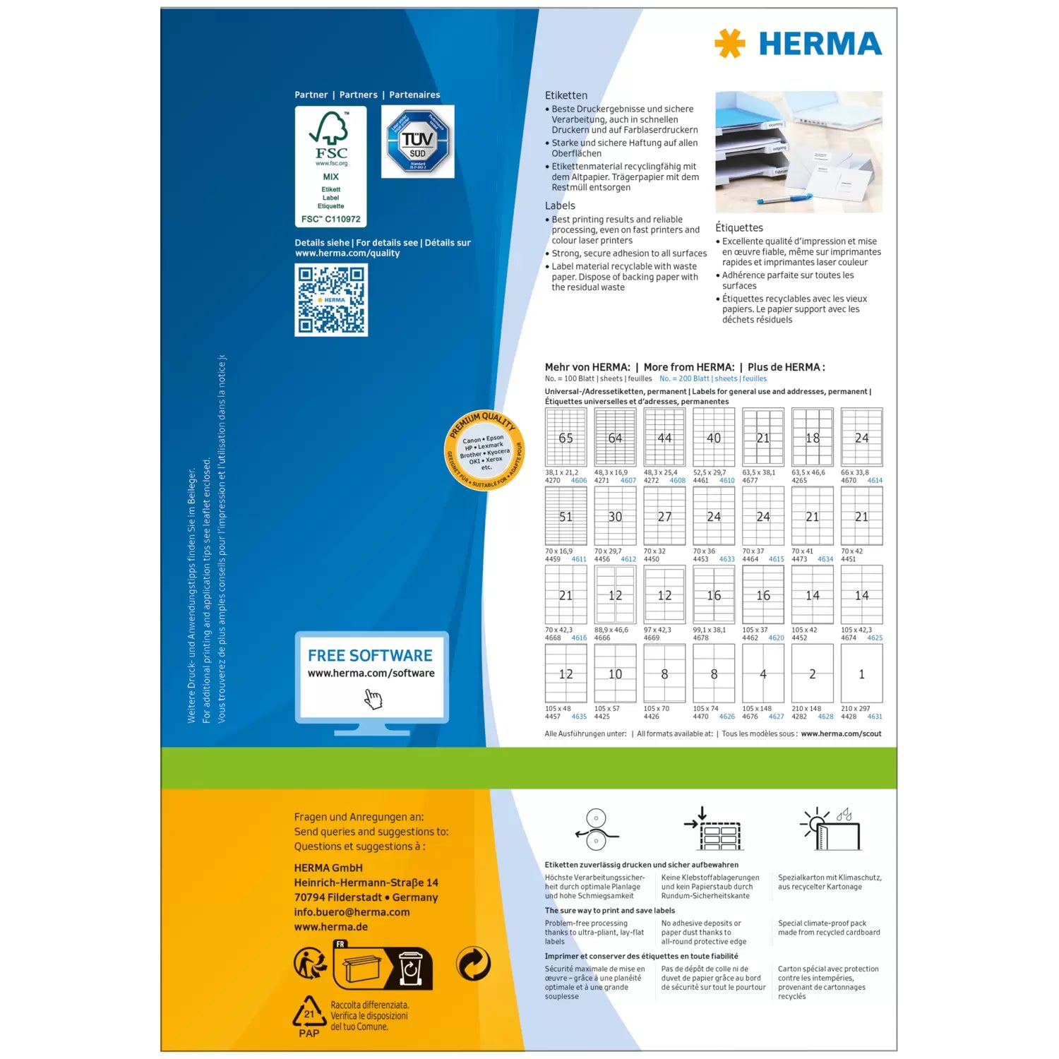 HERMA Bogenetiketten, 105 mm × 51 mm, weiss, Papier, permanent, 100 Blatt (1'000 Etiketten)