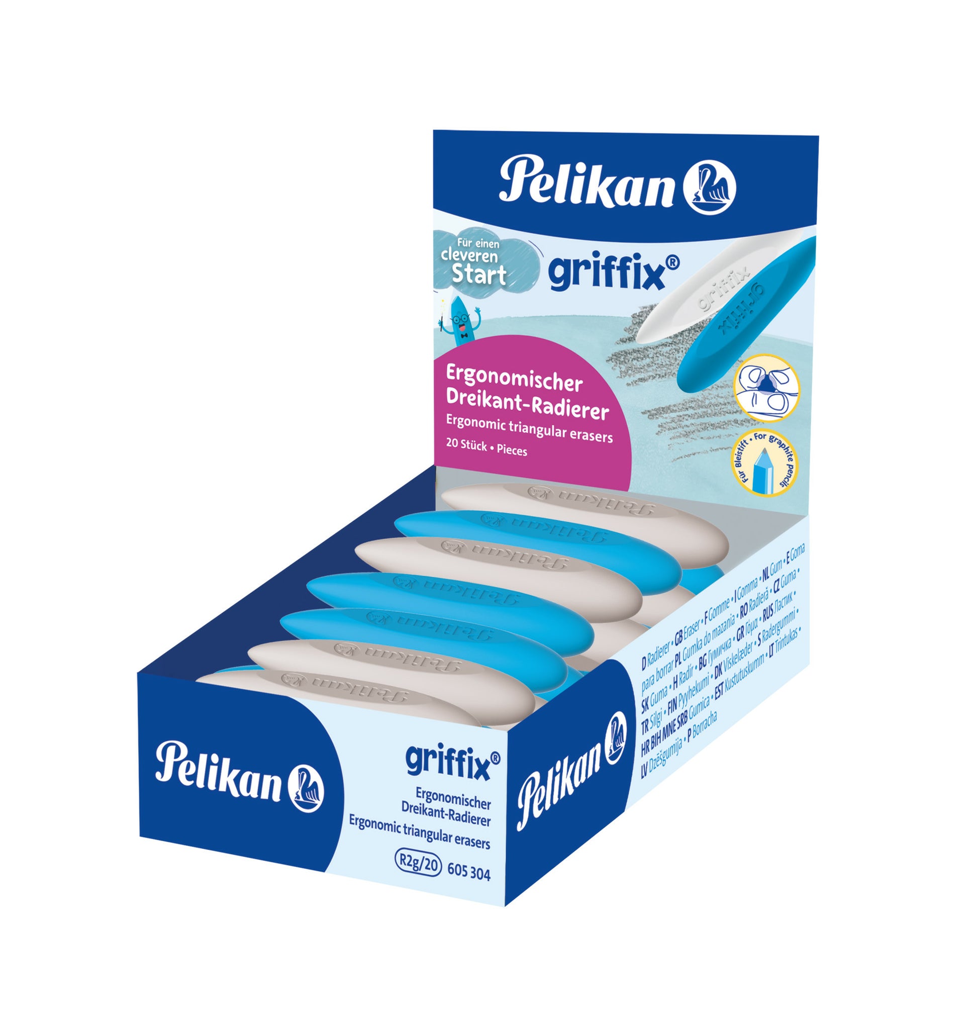 Pelikan Radierstift Griffix – Dreikantgriffzone, zwei Spitzen, TPE, farbig sortiert, 20 Stk.