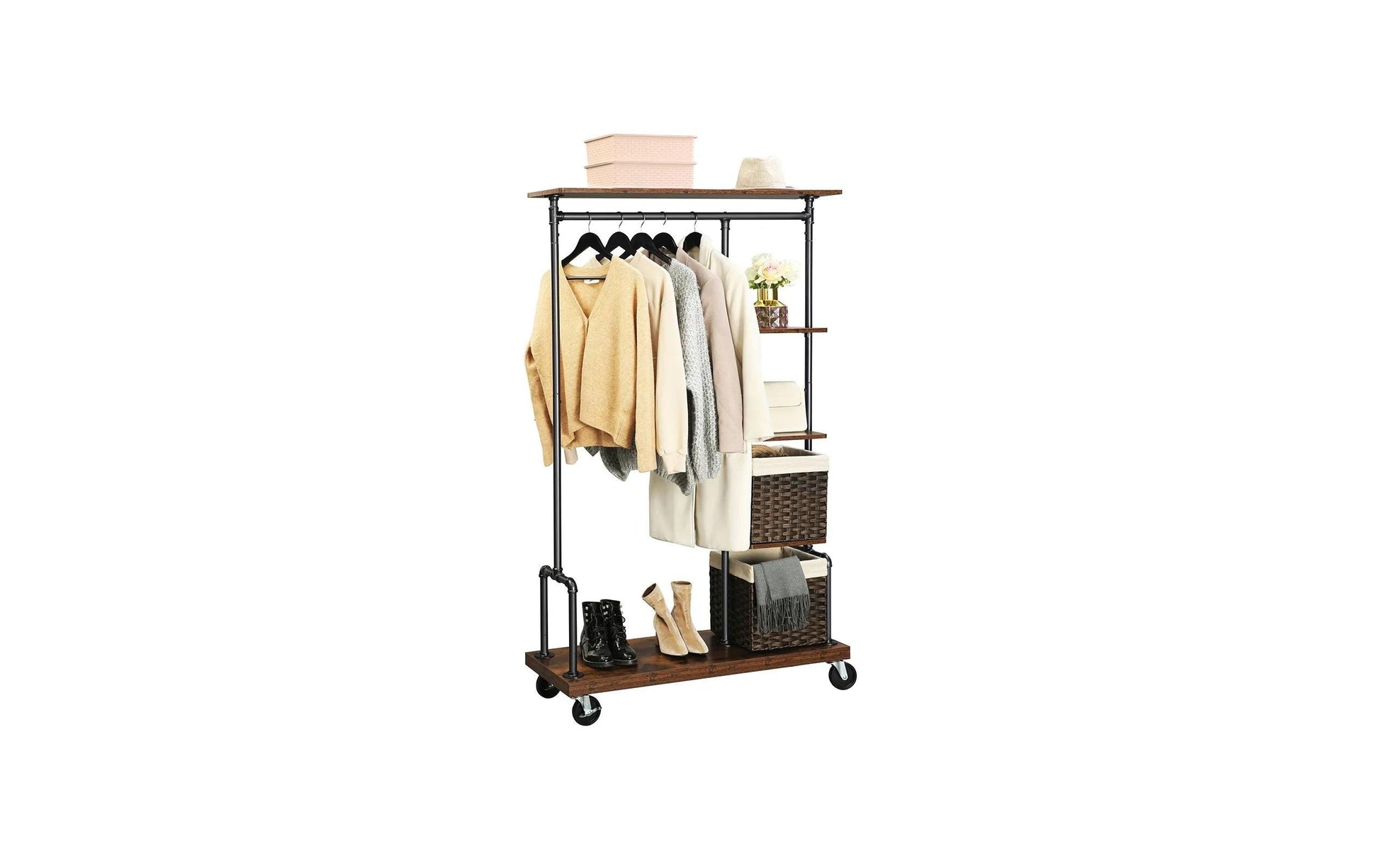 Vasagle Garderobe mit Schuhregal – mit 5 Ablagen, Stahl/Spanplatte, Schwarz/Braun, 103,5 × 40 × 174,5 cm