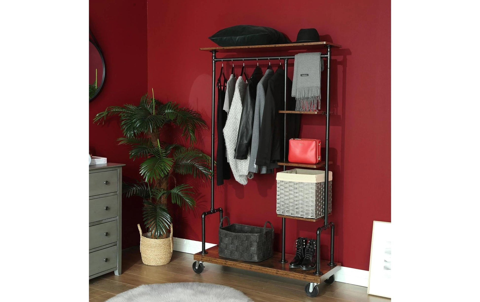 Vasagle Garderobe mit Schuhregal – mit 5 Ablagen, Stahl/Spanplatte, Schwarz/Braun, 103,5 × 40 × 174,5 cm