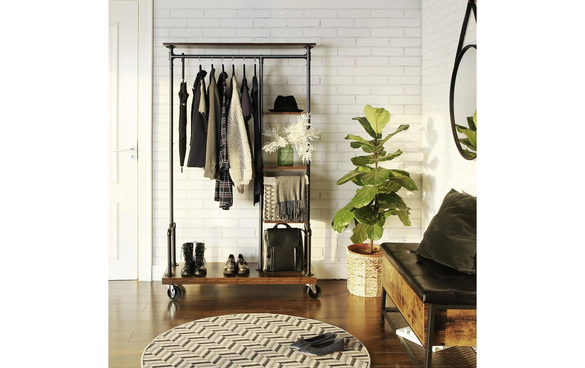 Vasagle Garderobe mit Schuhregal – mit 5 Ablagen, Stahl/Spanplatte, Schwarz/Braun, 103,5 × 40 × 174,5 cm