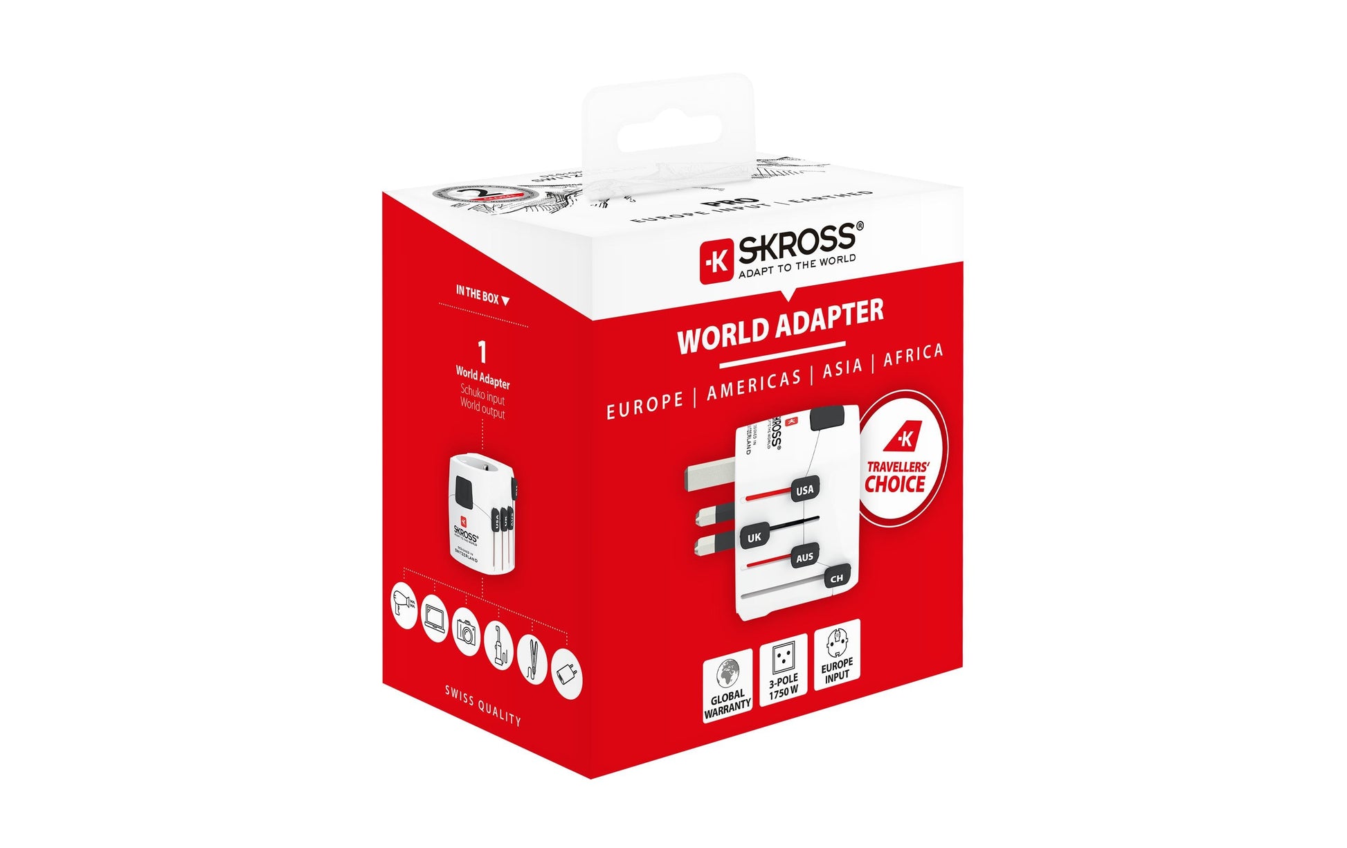 SKROSS – Reiseadapter – 100–250 V, 1750 W, 7 A, 3-polig (geerdet) – von USA nach Europa – weiss – 55×58×72 mm