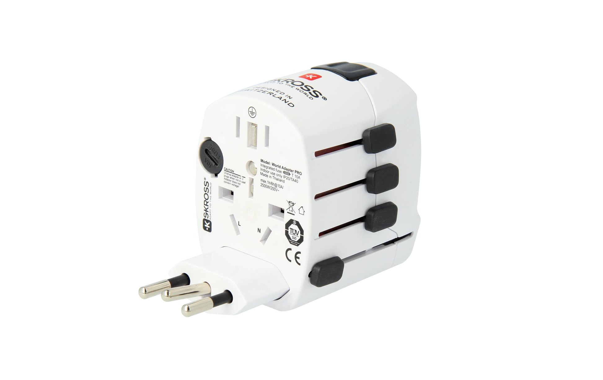 SKROSS – Reiseadapter – 100–250 V, 1750 W, 7 A, 3-polig (geerdet) – von USA nach Europa – weiss – 55×58×72 mm