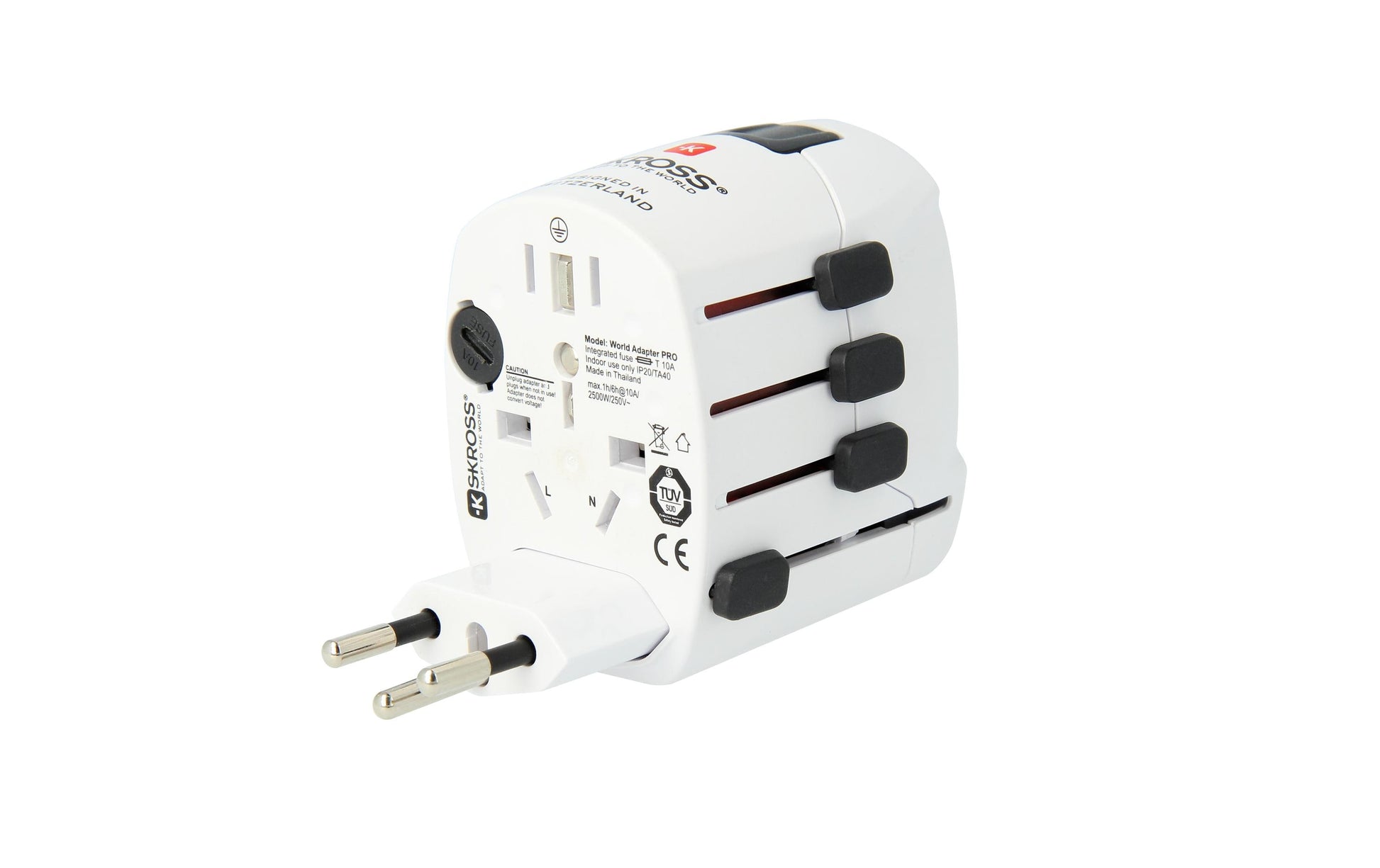 SKROSS – Reiseadapter – 100–250 V, 1750 W, 7 A, 3-polig (geerdet) – von USA nach Europa – weiss – 55×58×72 mm