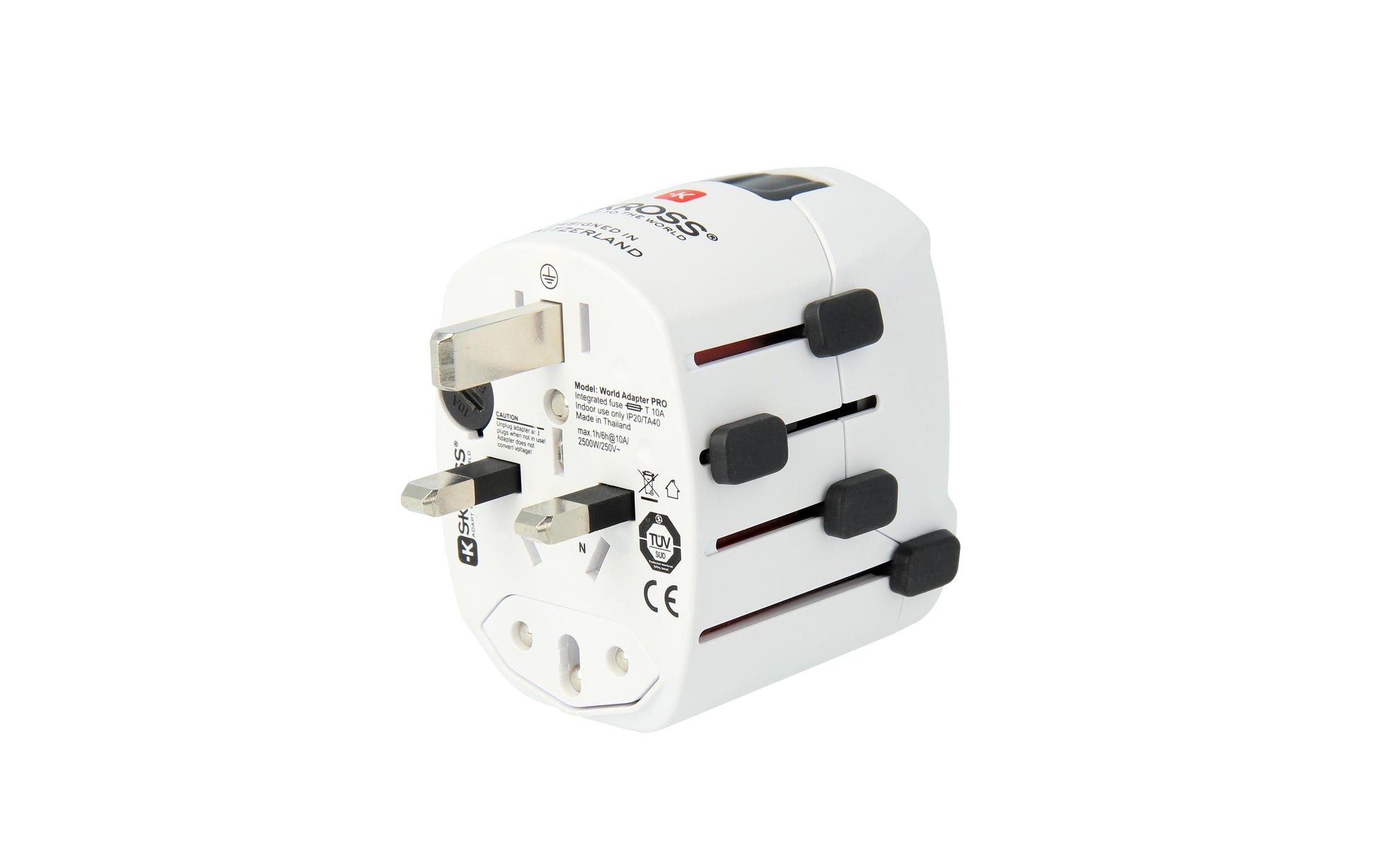 SKROSS – Reiseadapter – 100–250 V, 1750 W, 7 A, 3-polig (geerdet) – von USA nach Europa – weiss – 55×58×72 mm