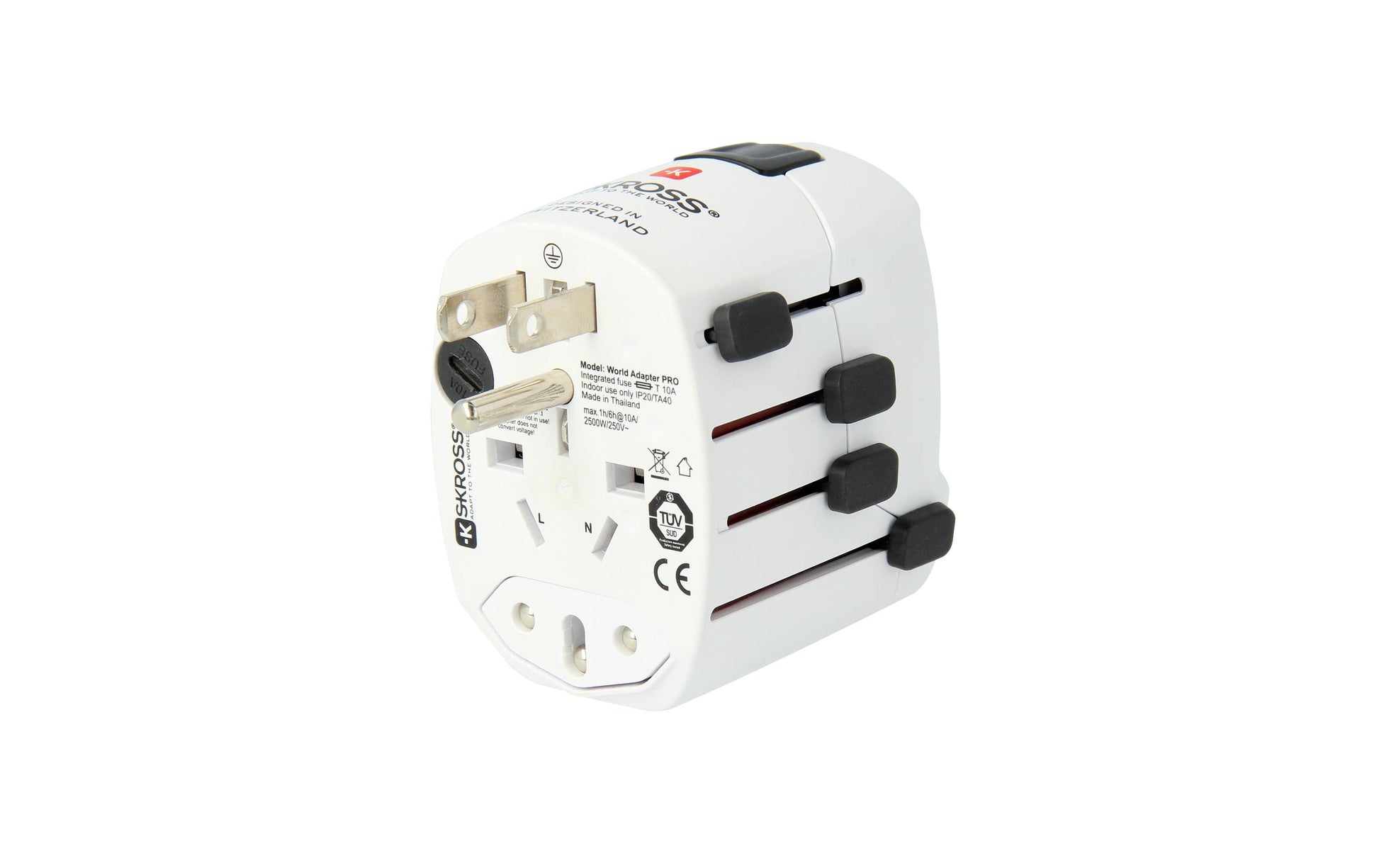 SKROSS – Reiseadapter – 100–250 V, 1750 W, 7 A, 3-polig (geerdet) – von USA nach Europa – weiss – 55×58×72 mm