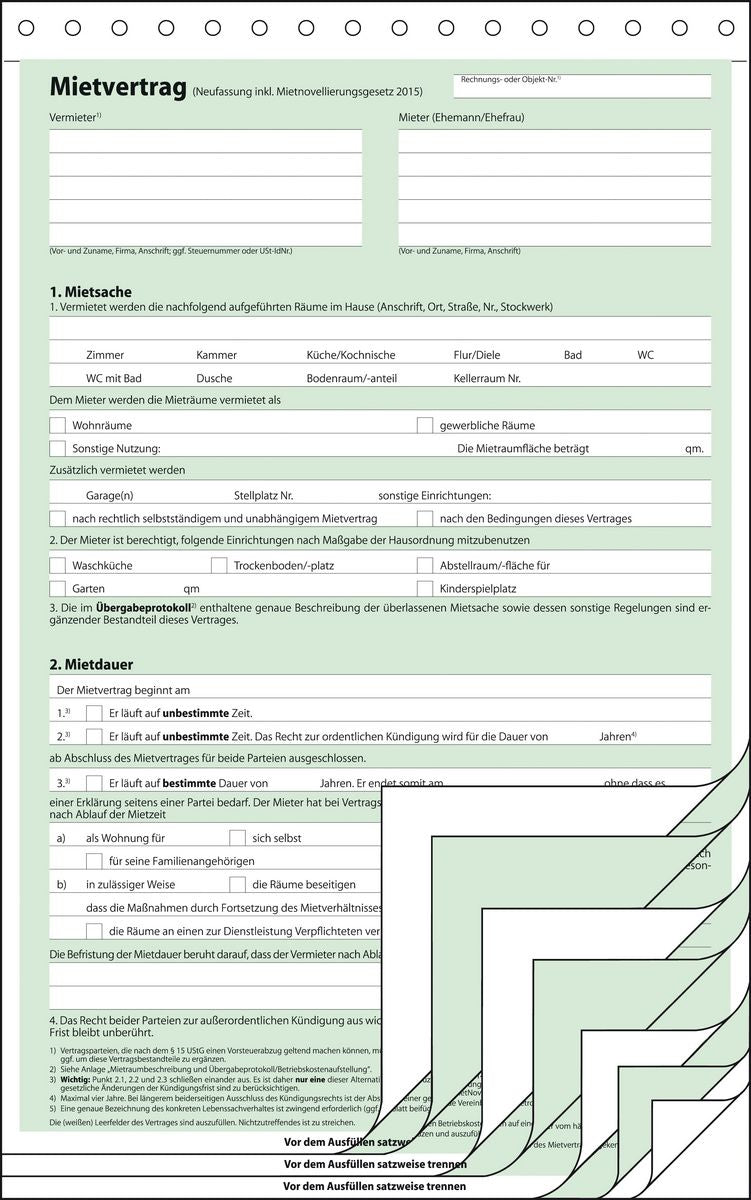 Sigel Vordruck Mietvertrag – A4 – selbstdurchschreibend – 4 Sätze, 2-fach