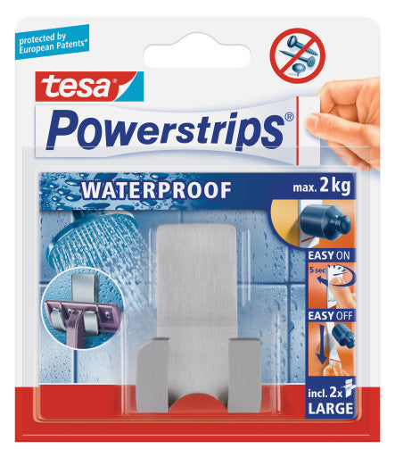 tesa Powerstrips Waterproof Zoom Handtuchhaken – Klebemontage – 4,4 × 6 × 3,6 cm – Silber – Kunststoff