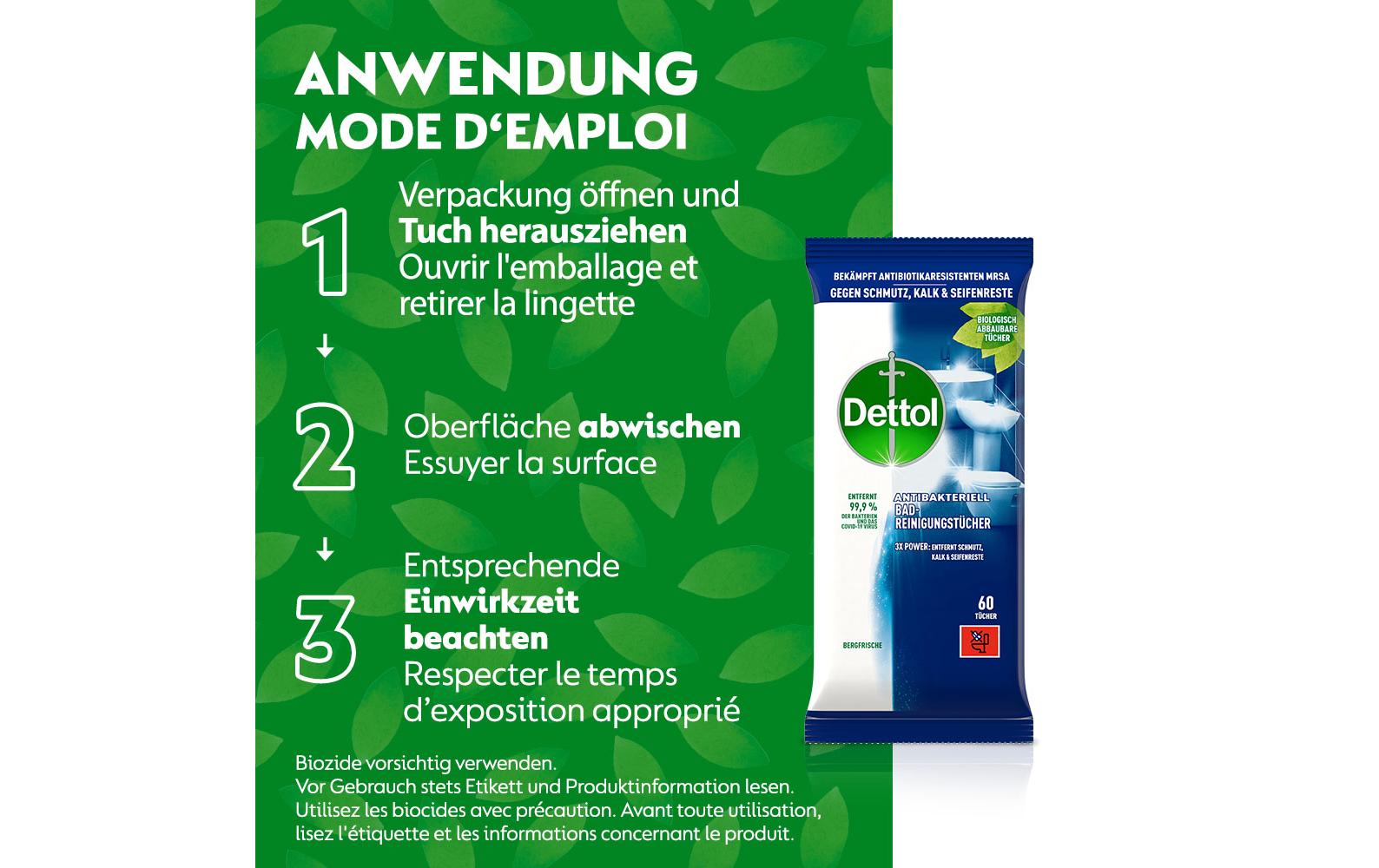 Dettol Desinfektionstücher – Bergfrische-Duft – für Badezimmer – 60 Stk.