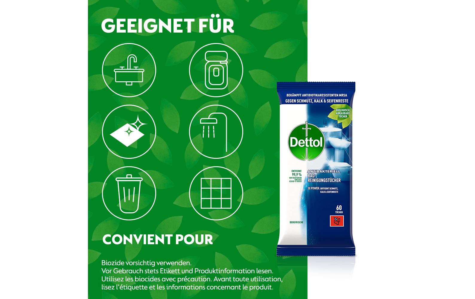 Dettol Desinfektionstücher – Bergfrische-Duft – für Badezimmer – 60 Stk.