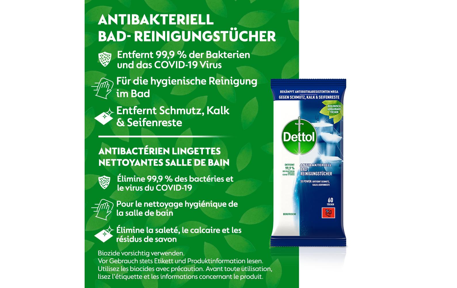Dettol Desinfektionstücher – Bergfrische-Duft – für Badezimmer – 60 Stk.
