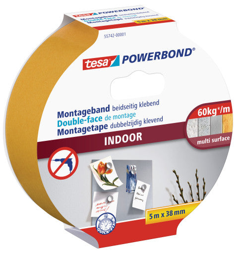 Tesa Powerbond Montageband, stark, für den Innenbereich, für glatte Oberflächen – 38 mm × 5 m, weiss, bis 5 kg/10 cm