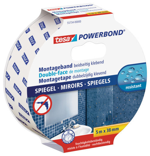 Tesa Montageband Powerbond, extra stark, für Spiegel – 38 mm × 5 m, weiss, bis 5 kg/10 cm