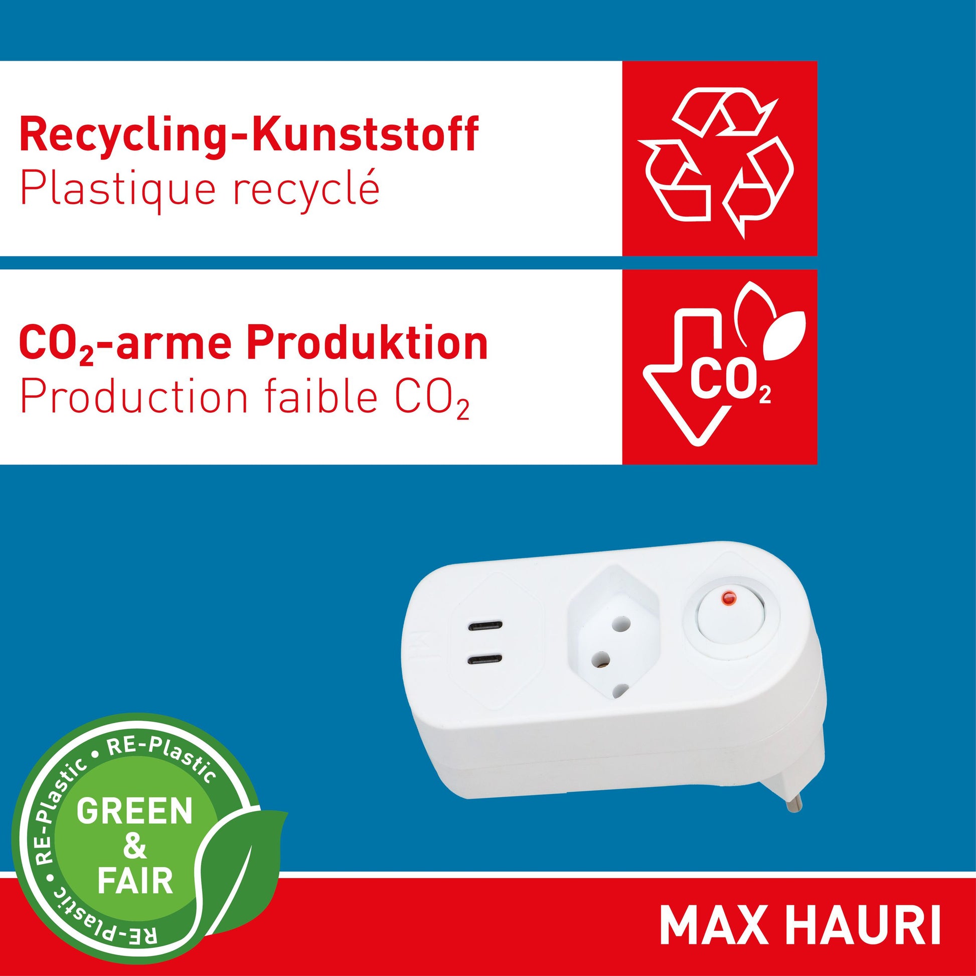Max Hauri AG Max Hauri ADAPT Steckdosenleiste 1×T13 – USB‑C×2, PD 20 W – max. 2300 W – weiss