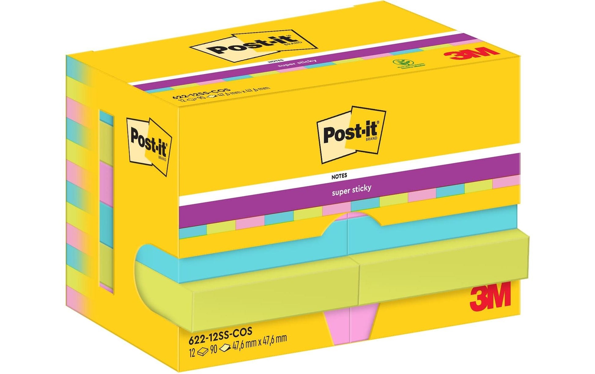 Post-it Super Sticky Haftnotizen – 47,6×47,6 mm – sortiert, 12×90 Blatt, PEFC