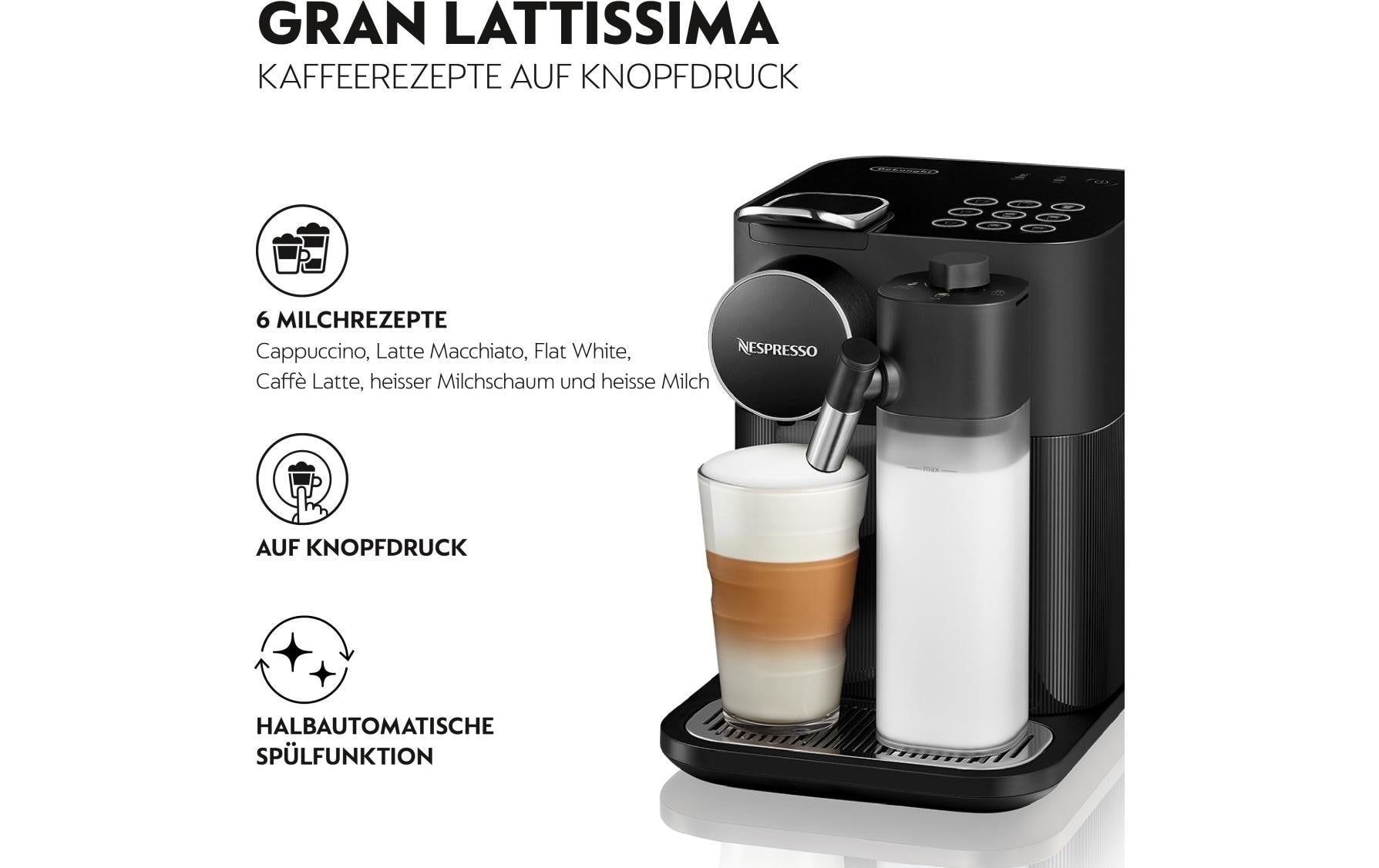 De’Longhi Gran Lattissima Kapselmaschine – für Nespresso-Kapseln, 19 bar, 1,3 l, Schwarz