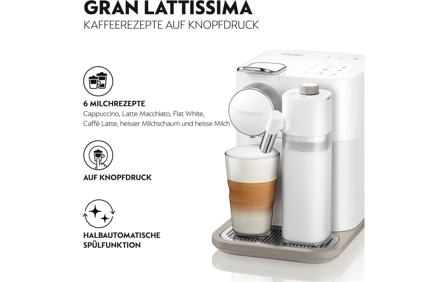 De’Longhi Gran Lattissima Kapselmaschine – für Nespresso-Kapseln, 19 bar, 1,3 l, Weiss