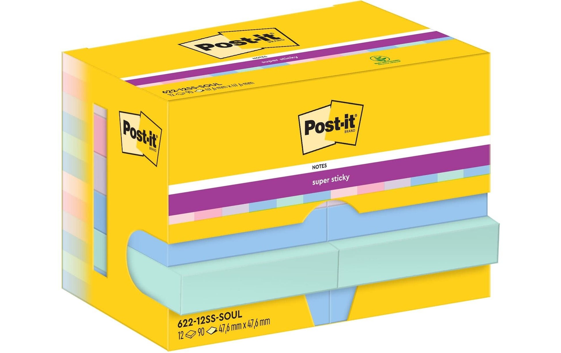 Post-it Super Sticky Haftnotizen – 47,6 × 47,6 mm – sortiert, 90 Blatt/Block, 12er-Pack