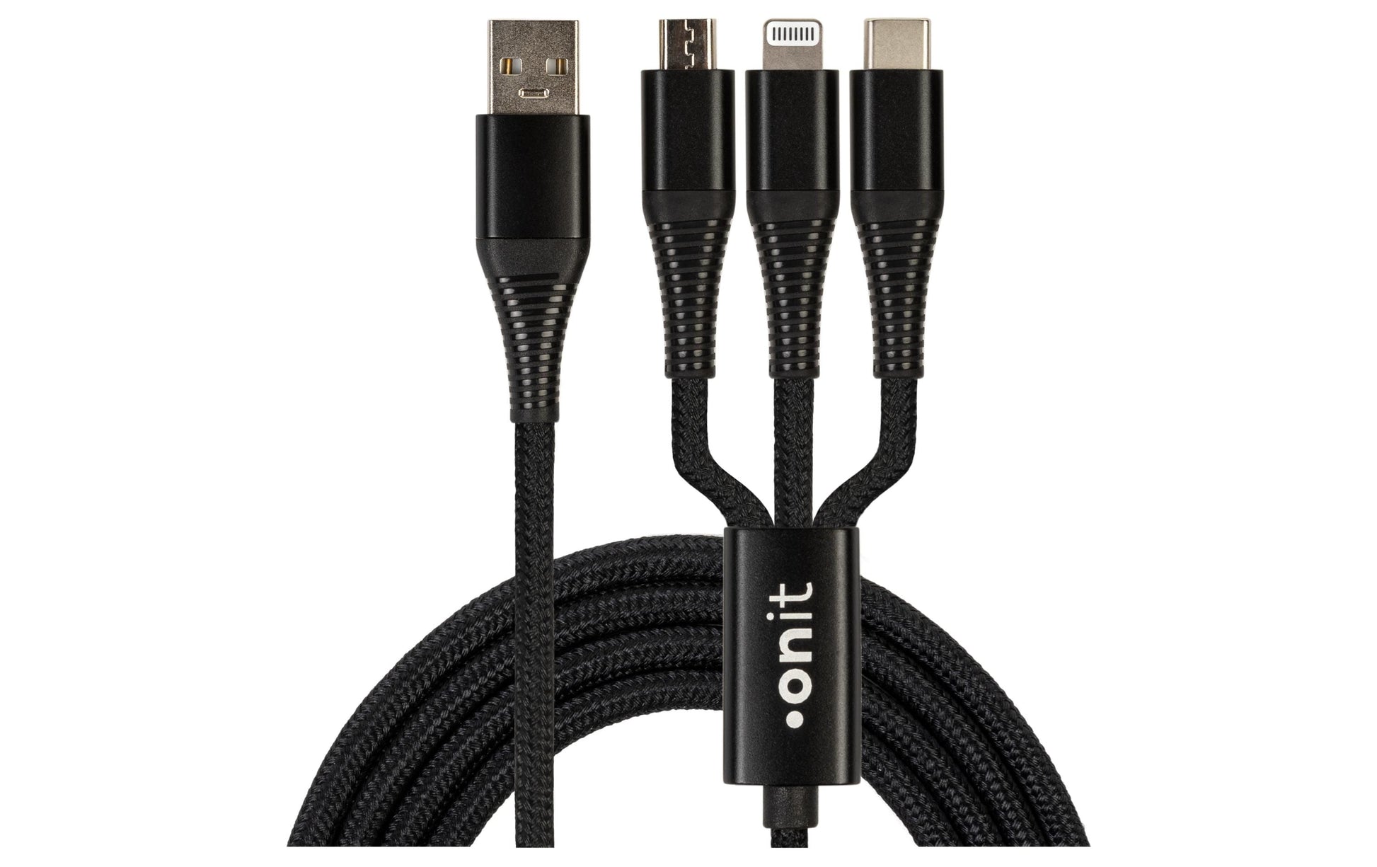 ONIT Multi-Kabel – 3-in-1 USB-A auf USB-C/Micro-USB/Lightning 1 m, geflochten, schwarz – für iPhone/Android