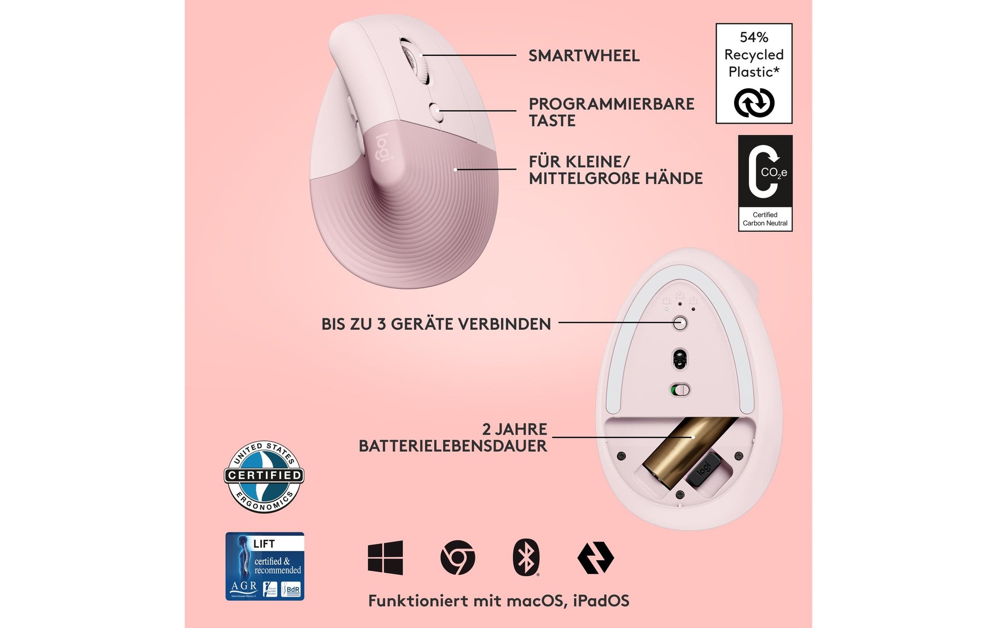 Logitech Lift Rose/Dark Rose (EMEA) Ergonomische Maus