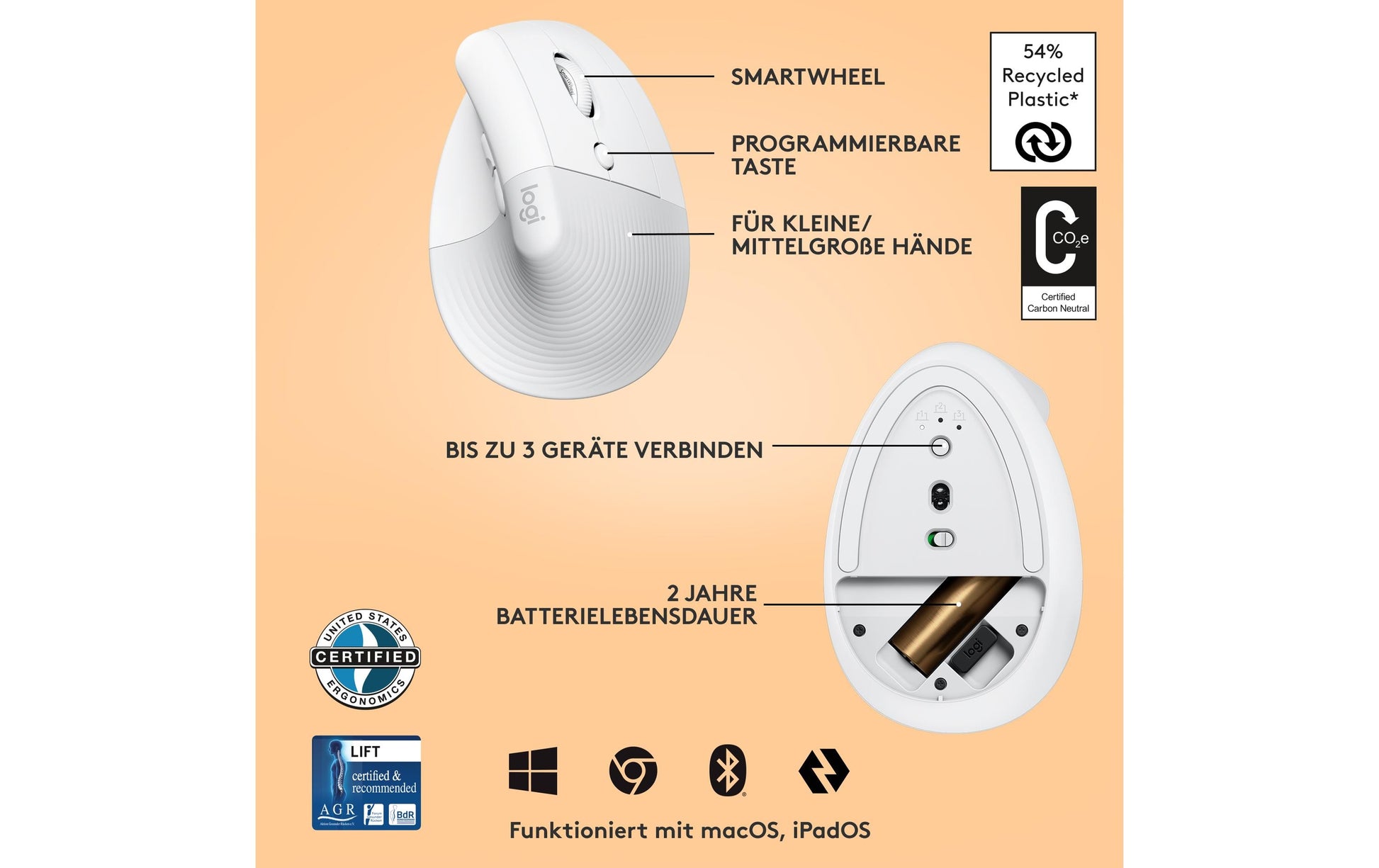 Logitech LIFT Maus – weiss/hellgrau