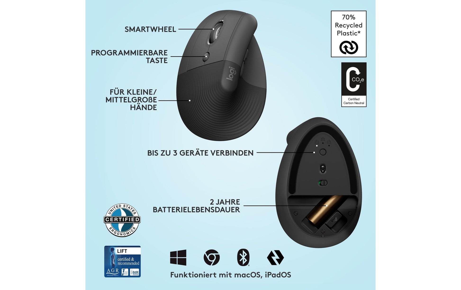 Logitech Lift Left Ergonomische Maus – vertikal, für Linkshänder, graphit/schwarz