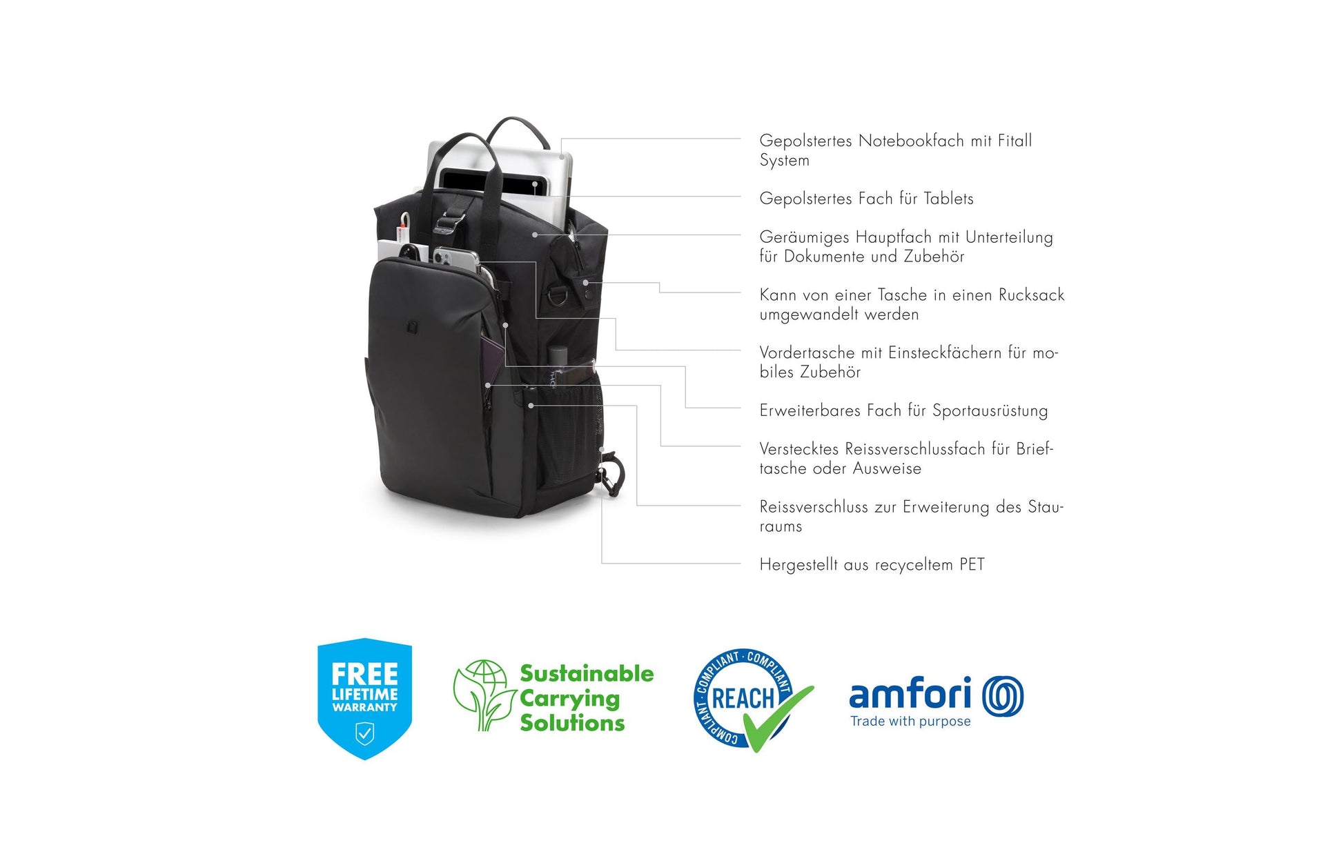 DICOTA Notebook-Rucksack bis 15" – für Microsoft Surface, mit Tabletfach – Schwarz