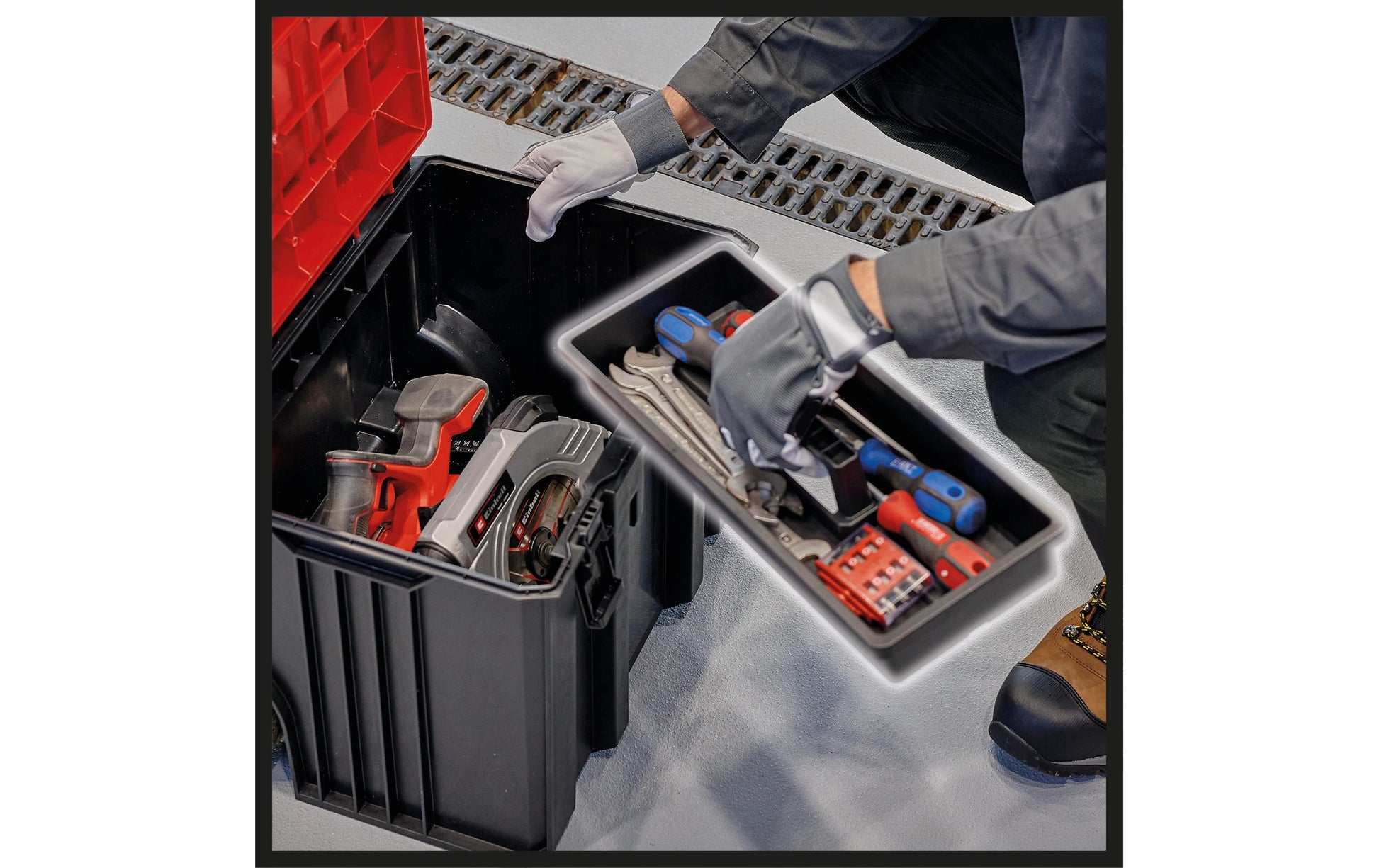 Einhell E-Case L Systemkoffer – leer, mit Rollen (2), rot, PP, B 415 × H 320 × T 273 mm