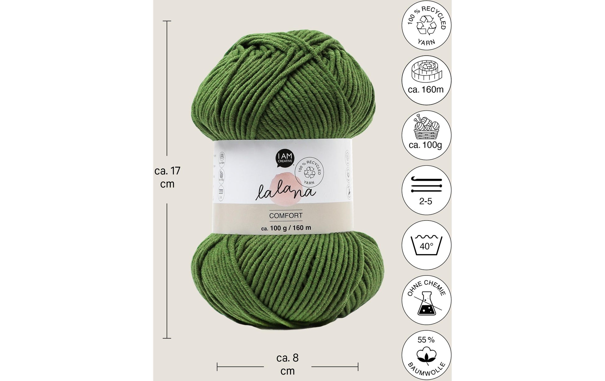 Lalana Comfort Garn Olivgrün – 100 g, 160 m, 55% Baumwolle/45% Polyacryl, Nadel 5 mm, 1 Stk.