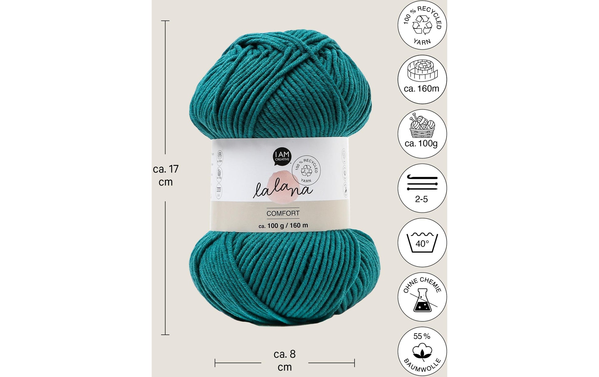 lalana Comfort Wolle Graugrün – 100 g, 160 m, Nadel 4 mm, 55% Baumwolle/45% Polyacryl, 1 Stk.