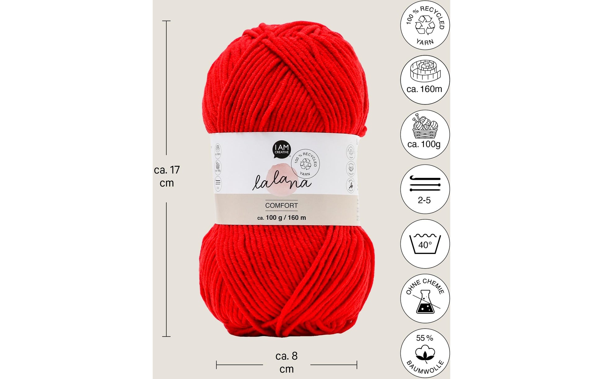 lalana Comfort Wolle Rot – 100 g, 160 m, Nadel 4 mm, 55% Baumwolle/45% Polyacryl, 1 Stk.