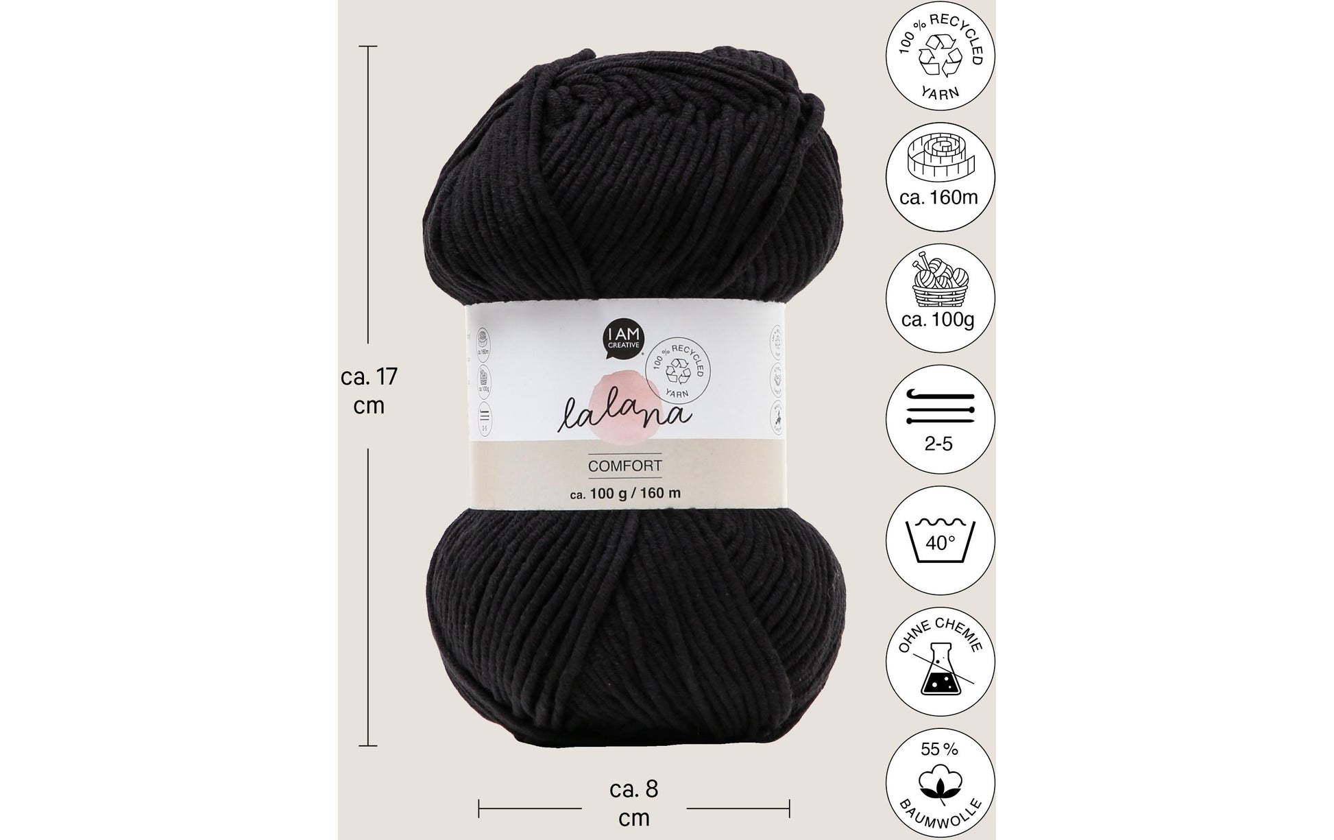 lalana Comfort Garn Schwarz – 100 g, 160 m, Nadel 3 mm, 55% Baumwolle/45% Polyacryl, 1 Stk.