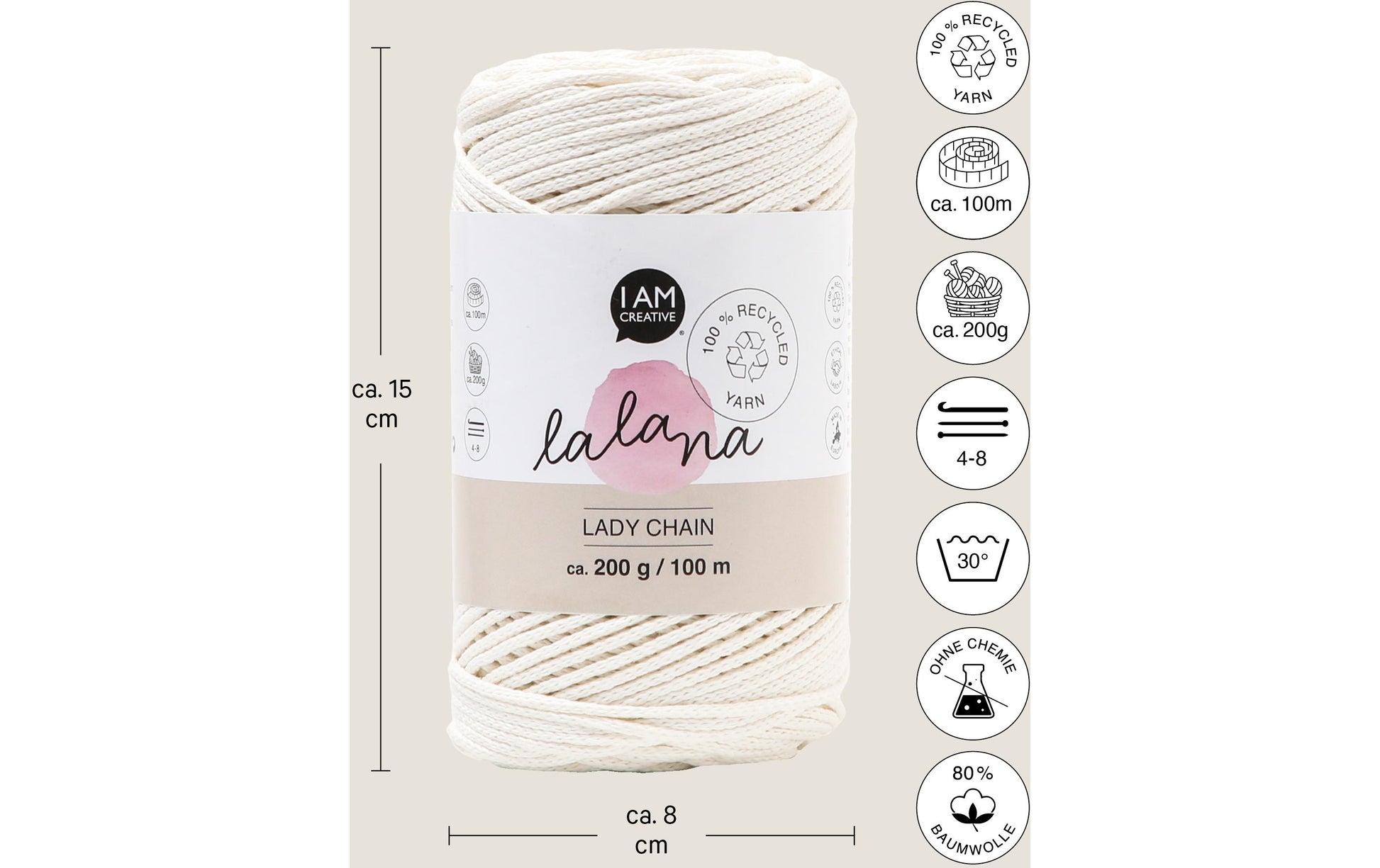 lalana Lady Chain Garn Creme – 200 g, 100 m, Nadel 8 mm, 80% Baumwolle/20% andere Fasern