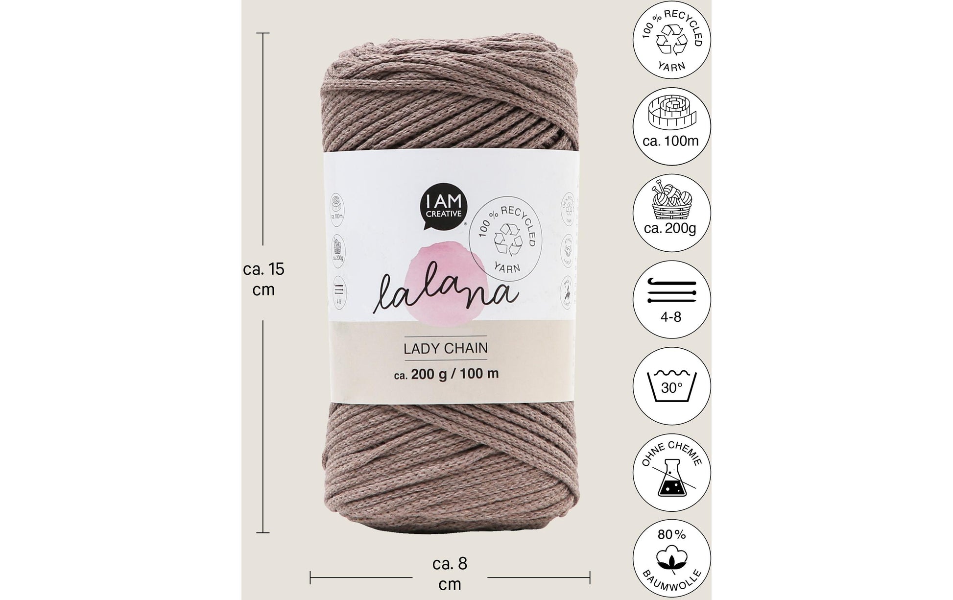 lalana Lady Chain Wolle Braun – 200 g, 100 m, 80% Baumwolle/20% andere Fasern, Nadel 8 mm, 1 Stk.