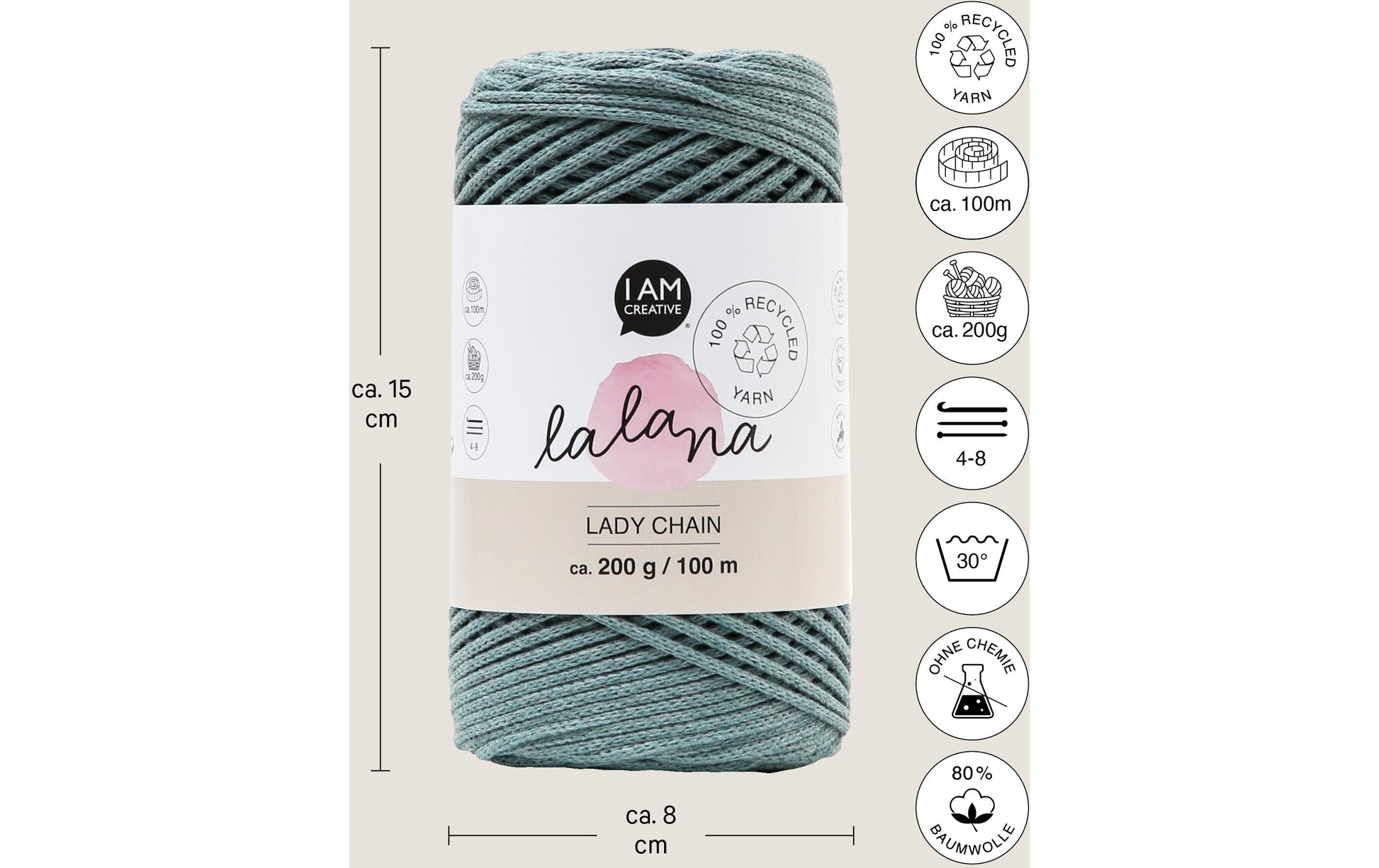 lalana Lady Chain Garn Blaugrau – 200 g, 100 m, Nadel 8 mm, 80% Baumwolle/20% Mischfasern, 1 Stk.