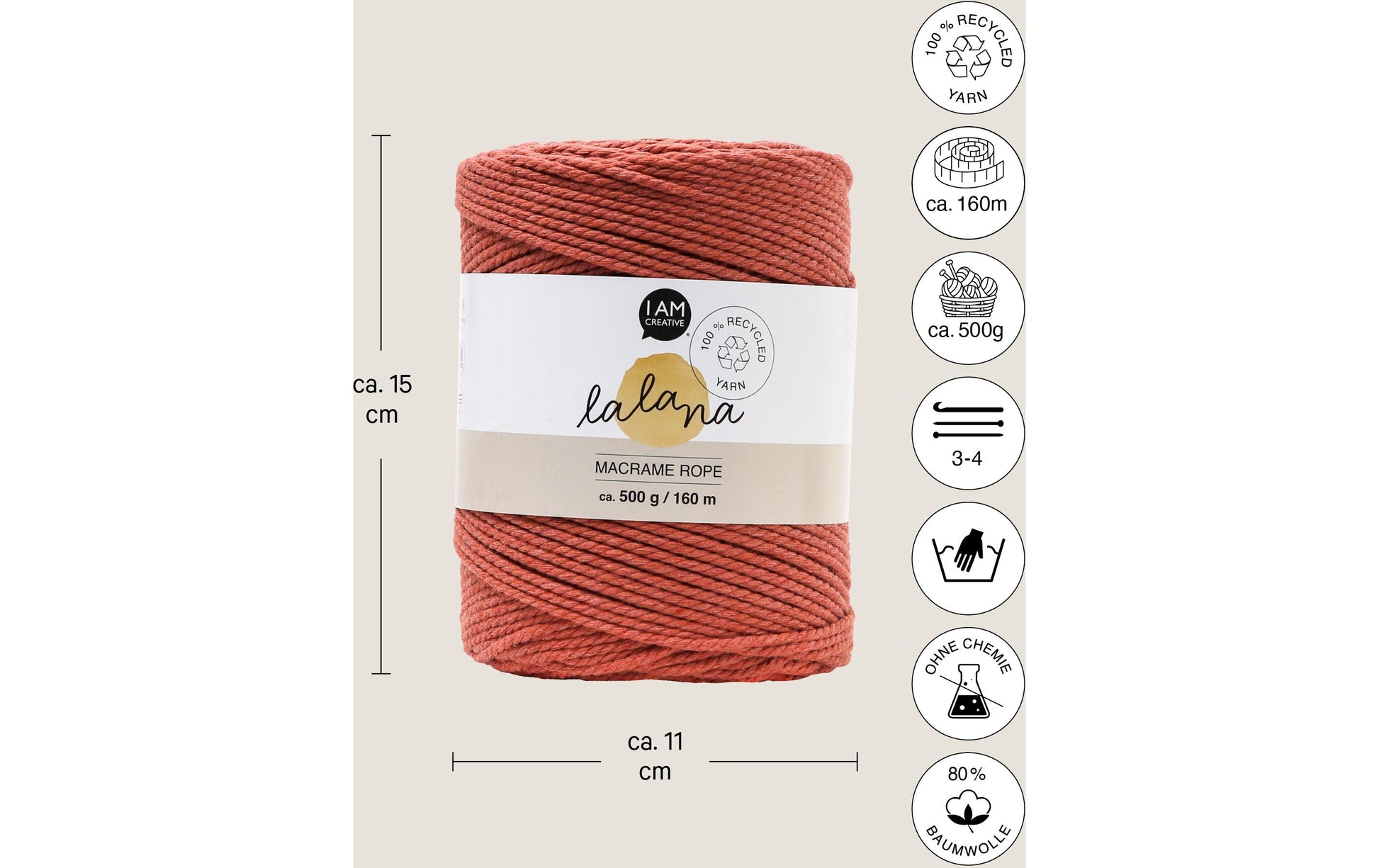 lalana Makramee-Kordel Rostbraun – Ø 2 mm, 500 g, 160 m, 80% Baumwolle/20% andere Fasern