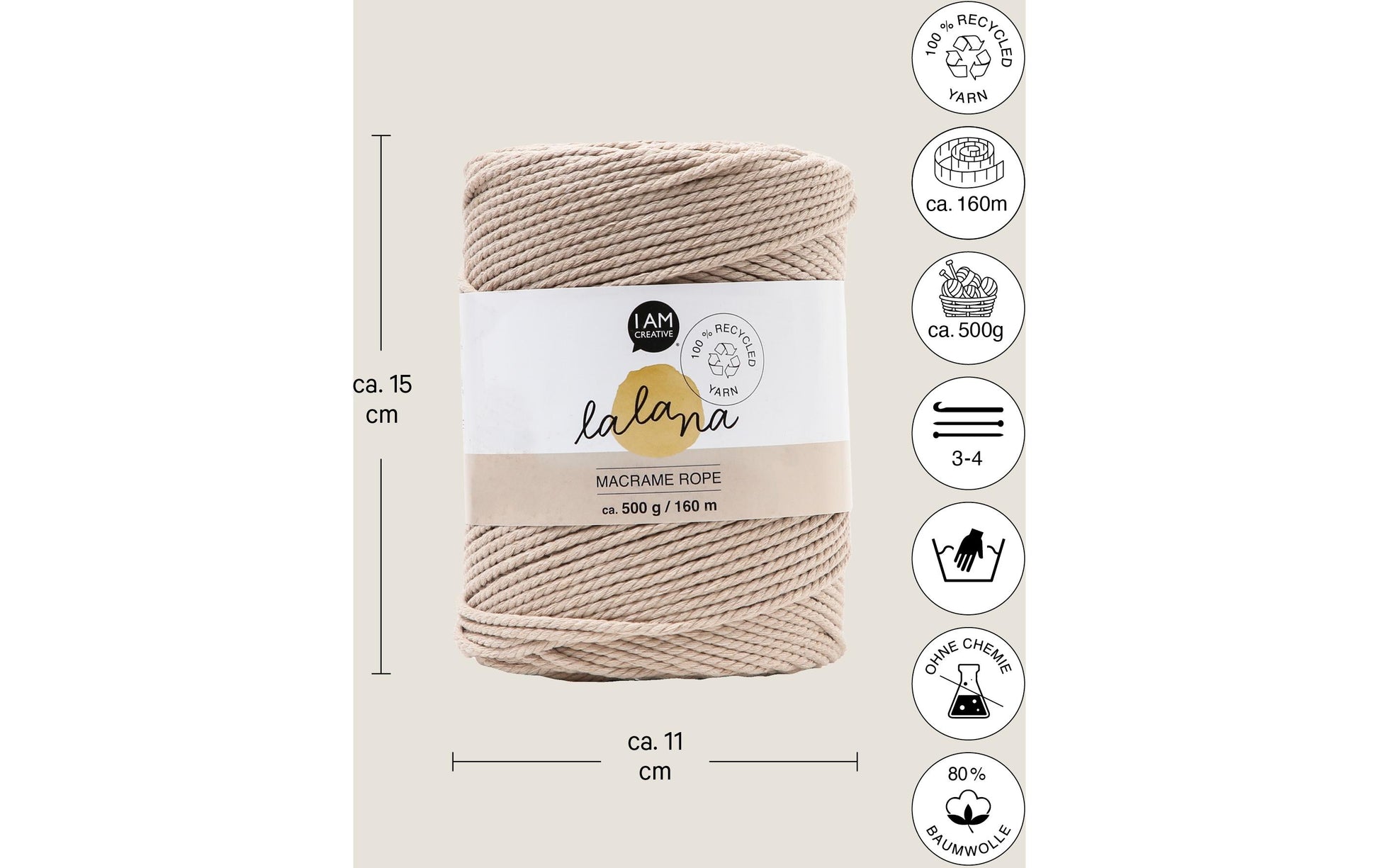 lalana Makramee-Kordel Beige – Ø 2 mm, 500 g, 160 m, 80% Baumwolle/20% andere Fasern