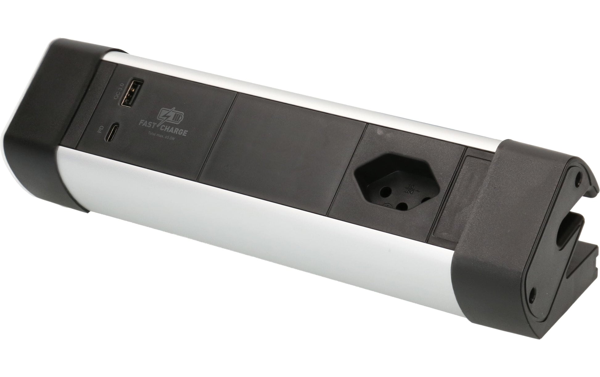 Max Hauri AG Max Hauri Alu-Office-Line – Tischsteckdosenleiste, 1× T13, 1× USB-A, 1× USB-C, 2,5 m, Stecker T12