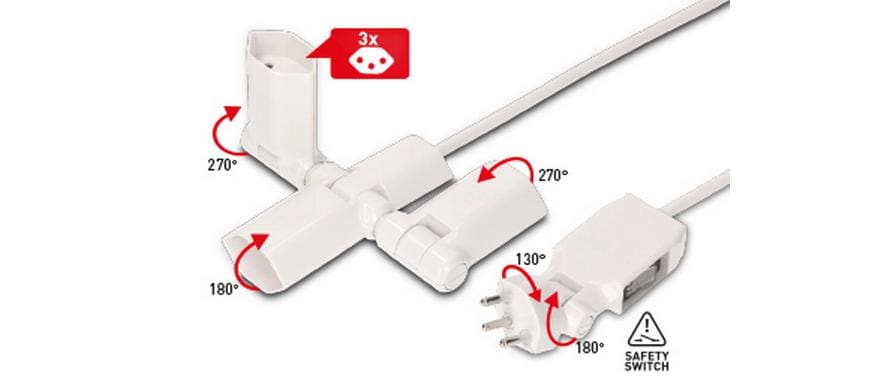 Max Hauri AG Max Hauri Steckdosenleiste, 3×T13, mit Schalter, 2 m, klappbar 180° – weiss