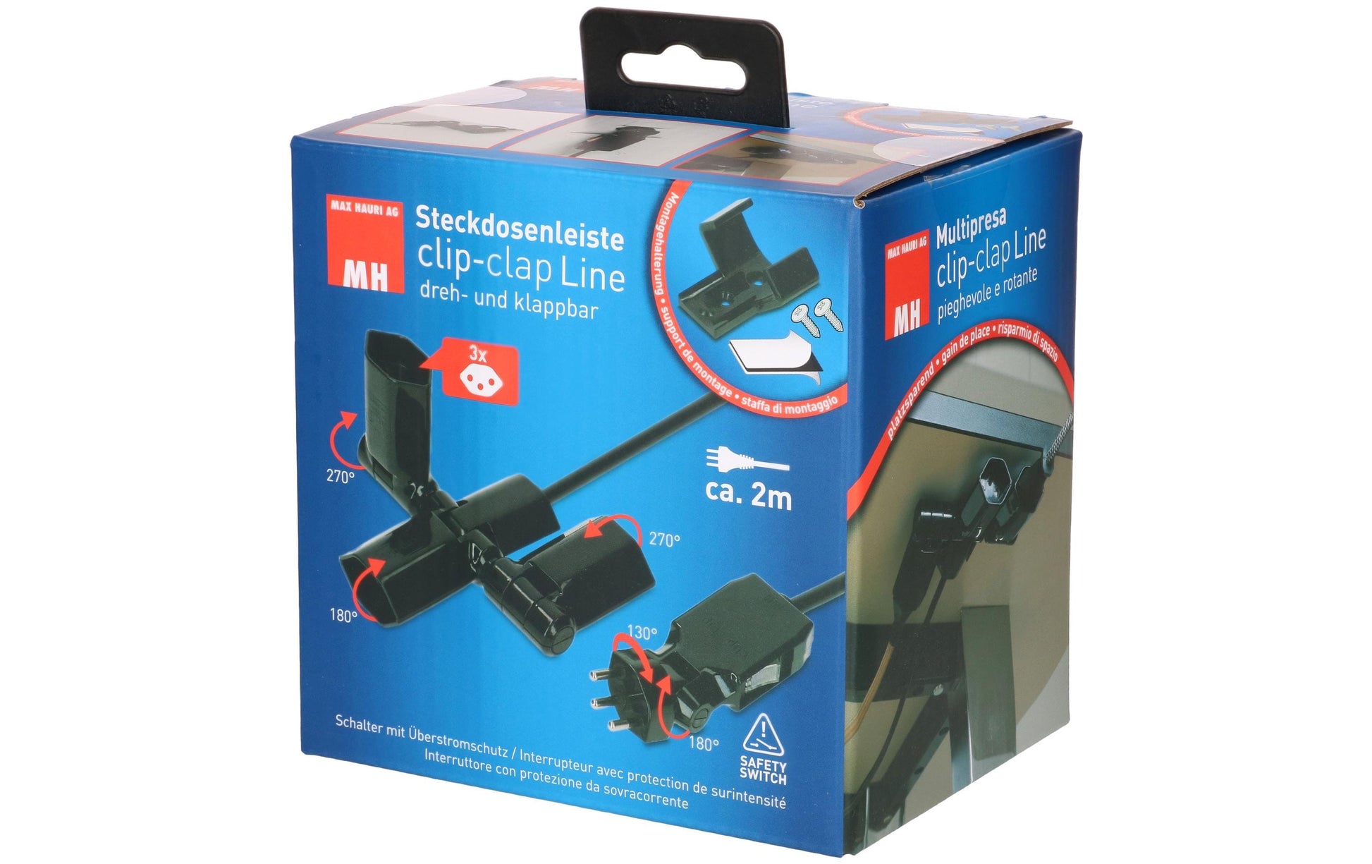 Max Hauri AG Max Hauri Steckdosenleiste – 3×T13, 2 m Kabel, Schalter, drehbar 130°, IP20