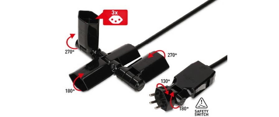 Max Hauri AG Max Hauri Steckdosenleiste – 3×T13, 2 m Kabel, Schalter, drehbar 130°, IP20