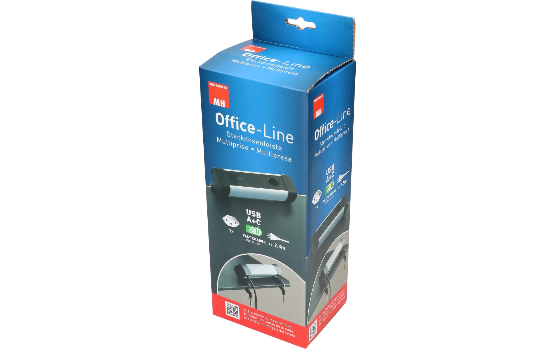 Max Hauri AG Max Hauri Alu-Office-Line – Tischsteckdosenleiste, 1× T13, 1× USB-A, 1× USB-C, 2,5 m, Stecker T12