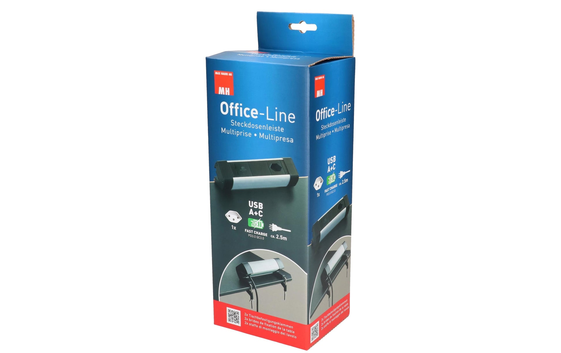 Max Hauri AG Max Hauri Alu-Office-Line – Tischsteckdosenleiste, 1× T13, 1× USB-A, 1× USB-C, 2,5 m, Stecker T12